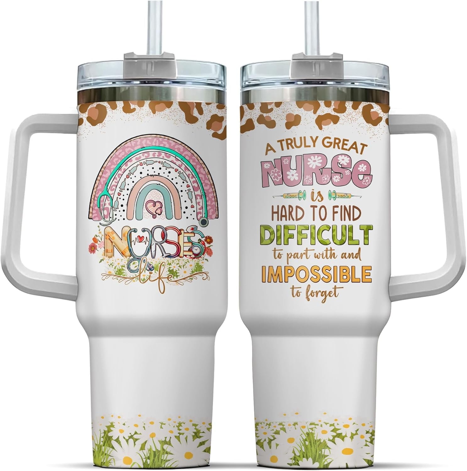 Tumbler 40 Oz With Handle Lid And Straw, Nurse Gifts, Black Camo White Engraved Print Travel Nurses Tumblers Handle Funny Cups Nursing For, Great Nurse Rainbow Daisy Flower M683R