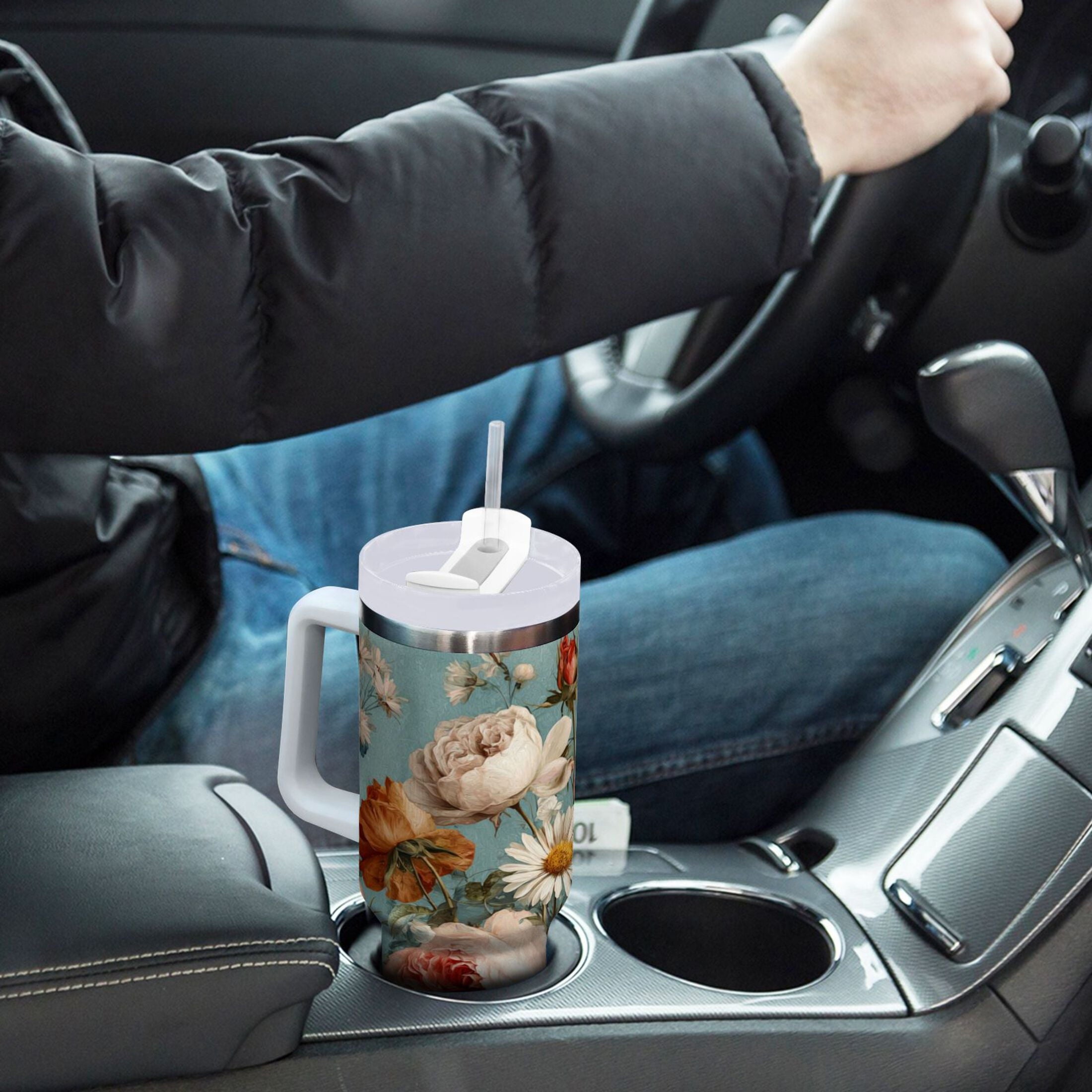 30 oz Insulated Stainless Steel Tumbler Double Wall Stainless Steel Tumbler with 2-Way Drinking Vintage Roses and Peonies M667B