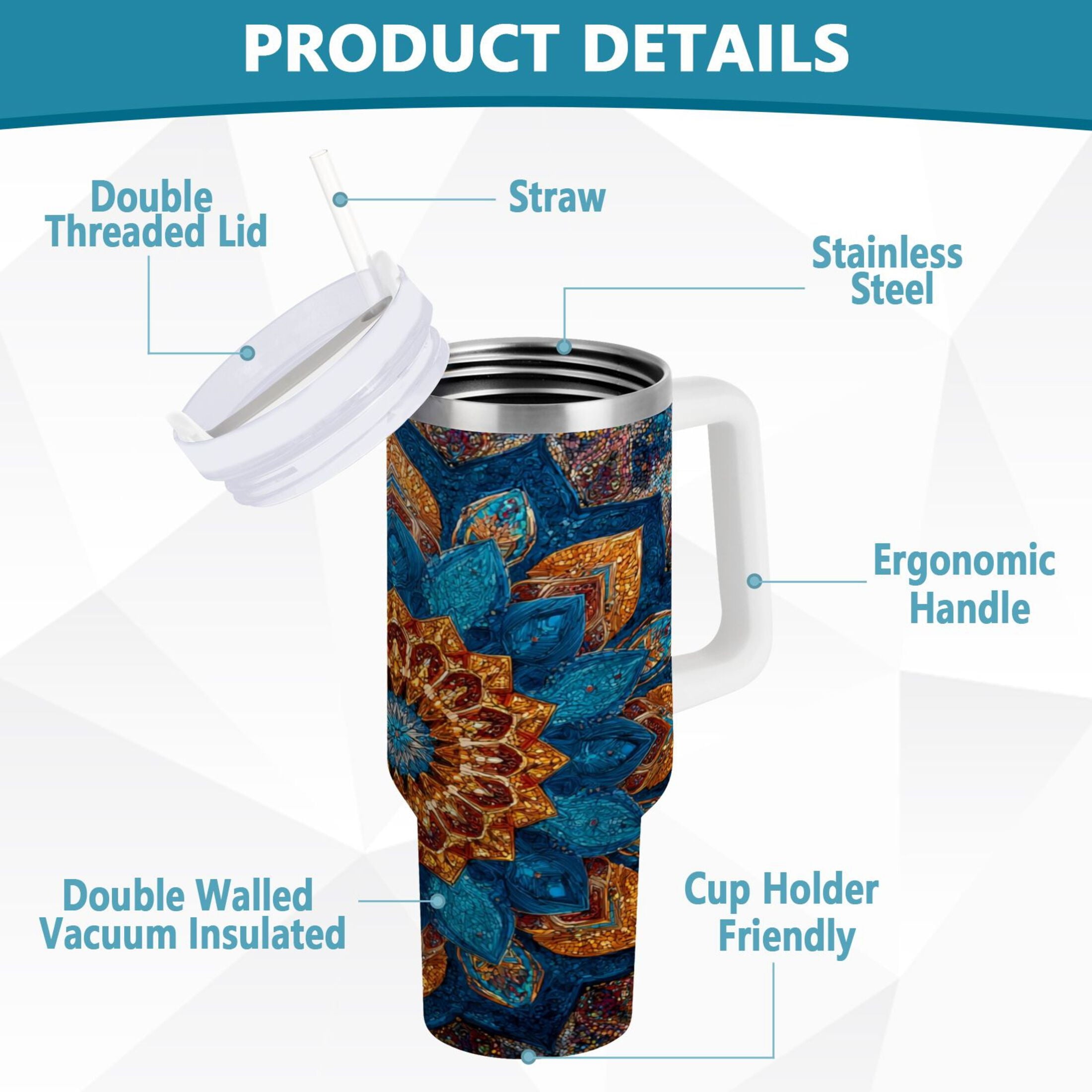 40 oz Insulated Stainless Steel Tumbler Double Wall Stainless Steel Tumbler with 2-Way Drinking Intricate Geometric Shapes M518S