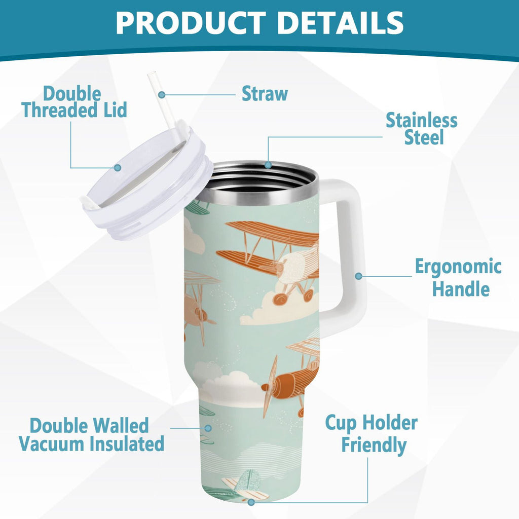 40 oz Insulated Stainless Steel Tumbler Double Wall Stainless Steel Tumbler with 2-Way Drinking Cute Airplanes M647W