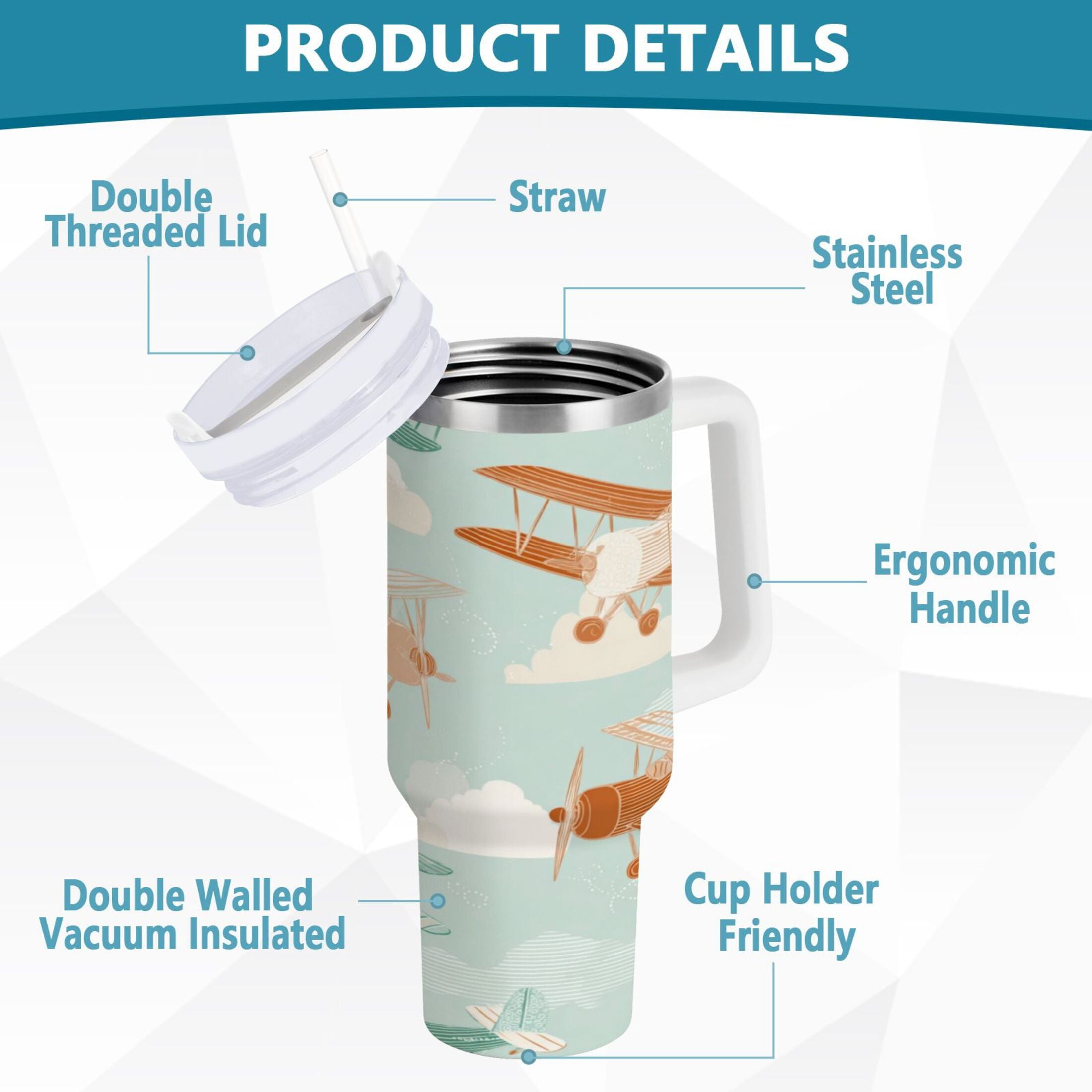 40 oz Insulated Stainless Steel Tumbler Double Wall Stainless Steel Tumbler with 2-Way Drinking Cute Airplanes M647W