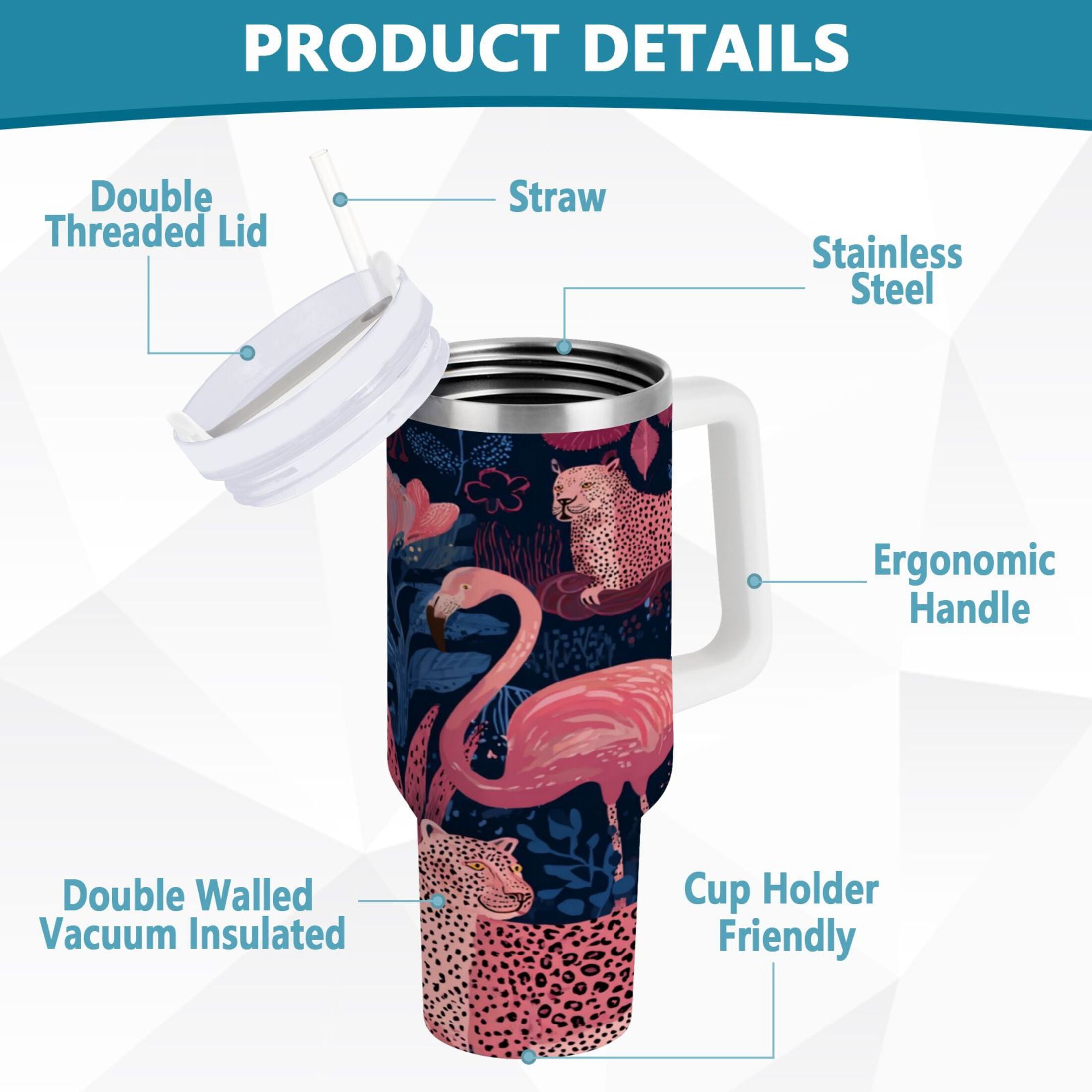 30 oz Insulated Stainless Steel Tumbler Double Wall Stainless Steel Tumbler with 2-Way Drinking Flamingos and Leopard Print M568A