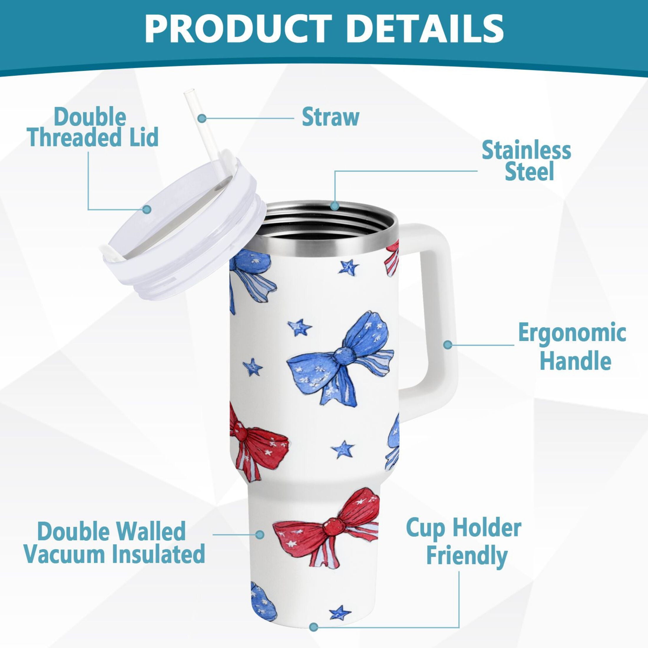 40 oz Insulated Stainless Steel Tumbler Double Wall Stainless Steel Tumbler with 2-Way Drinking Hand-drawn Bows M587S