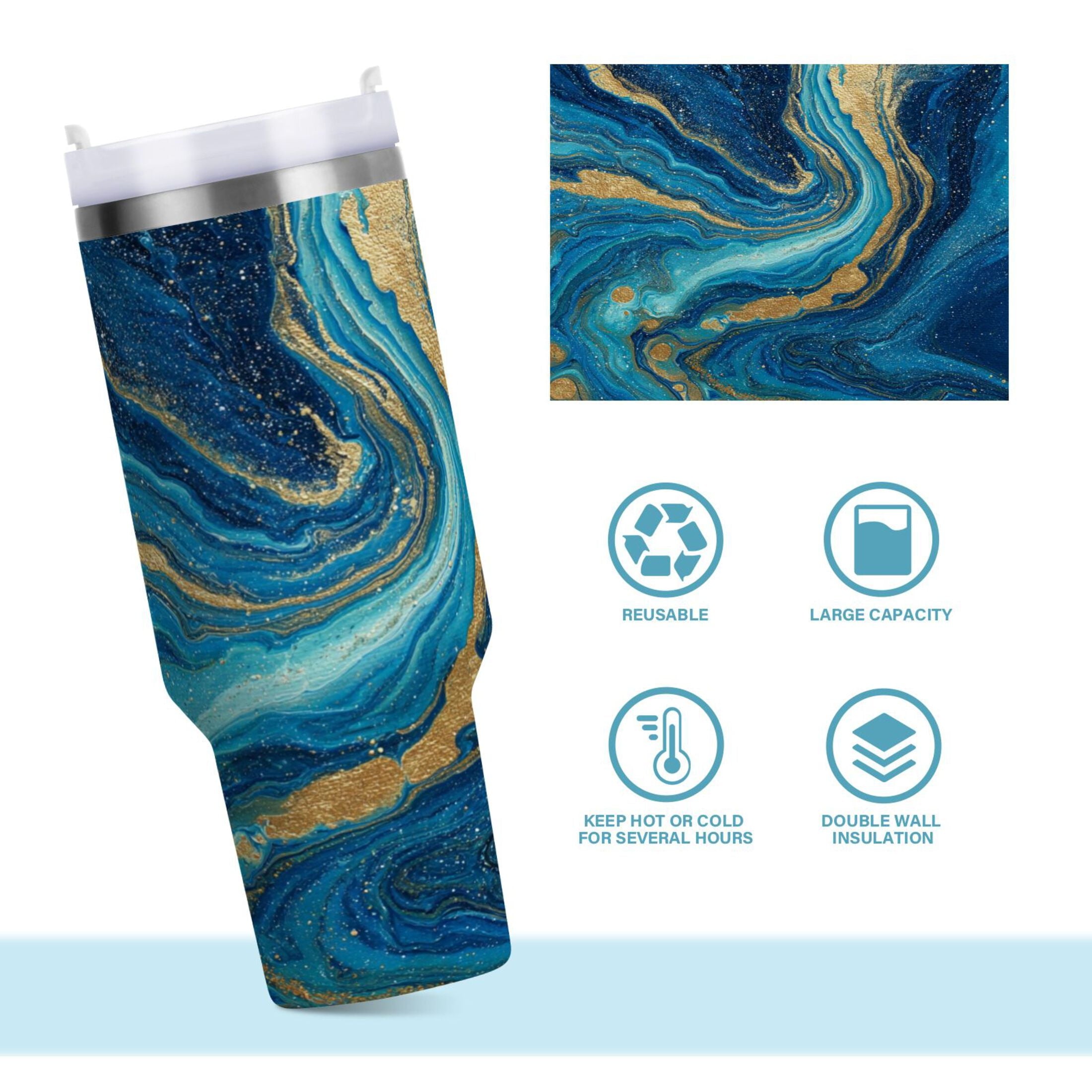 30 oz Insulated Stainless Steel Tumbler Double Wall Stainless Steel Tumbler with 2-Way Drinking Blue and Gold Ocean M507P