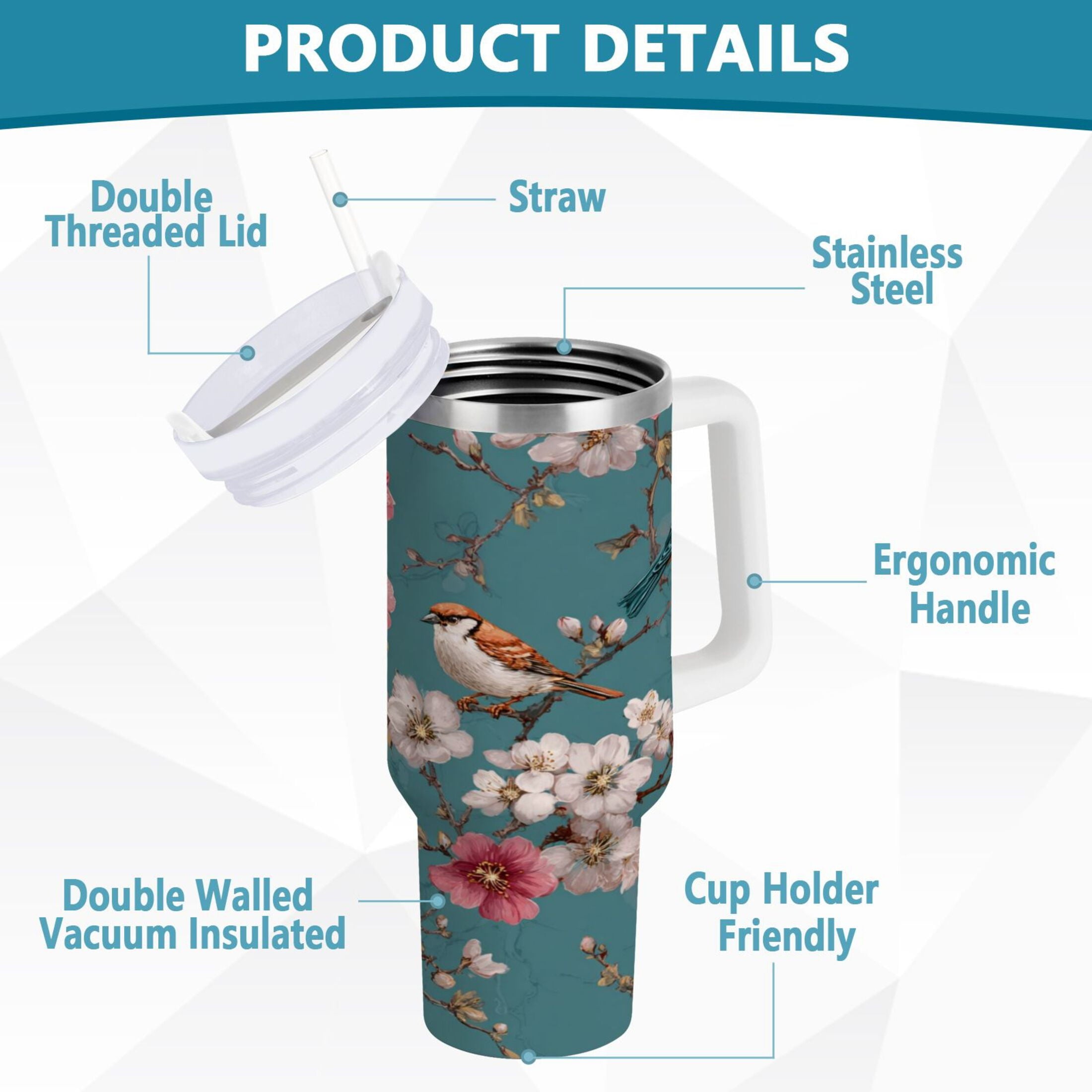 30 oz Insulated Stainless Steel Tumbler Double Wall Stainless Steel Tumbler with 2-Way Drinking Birds and Cherry Pattern M537X