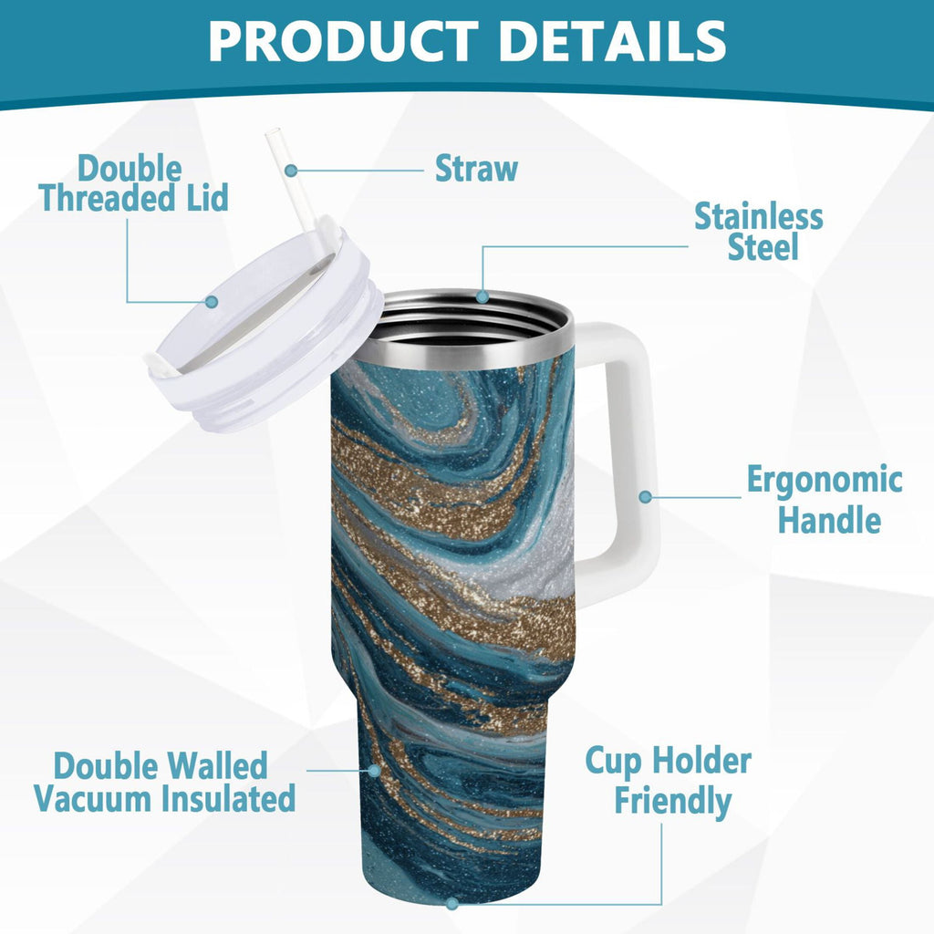 30 oz Insulated Stainless Steel Tumbler Double Wall Stainless Steel Tumbler with 2-Way Drinking Blue and Gold Swirling M497N