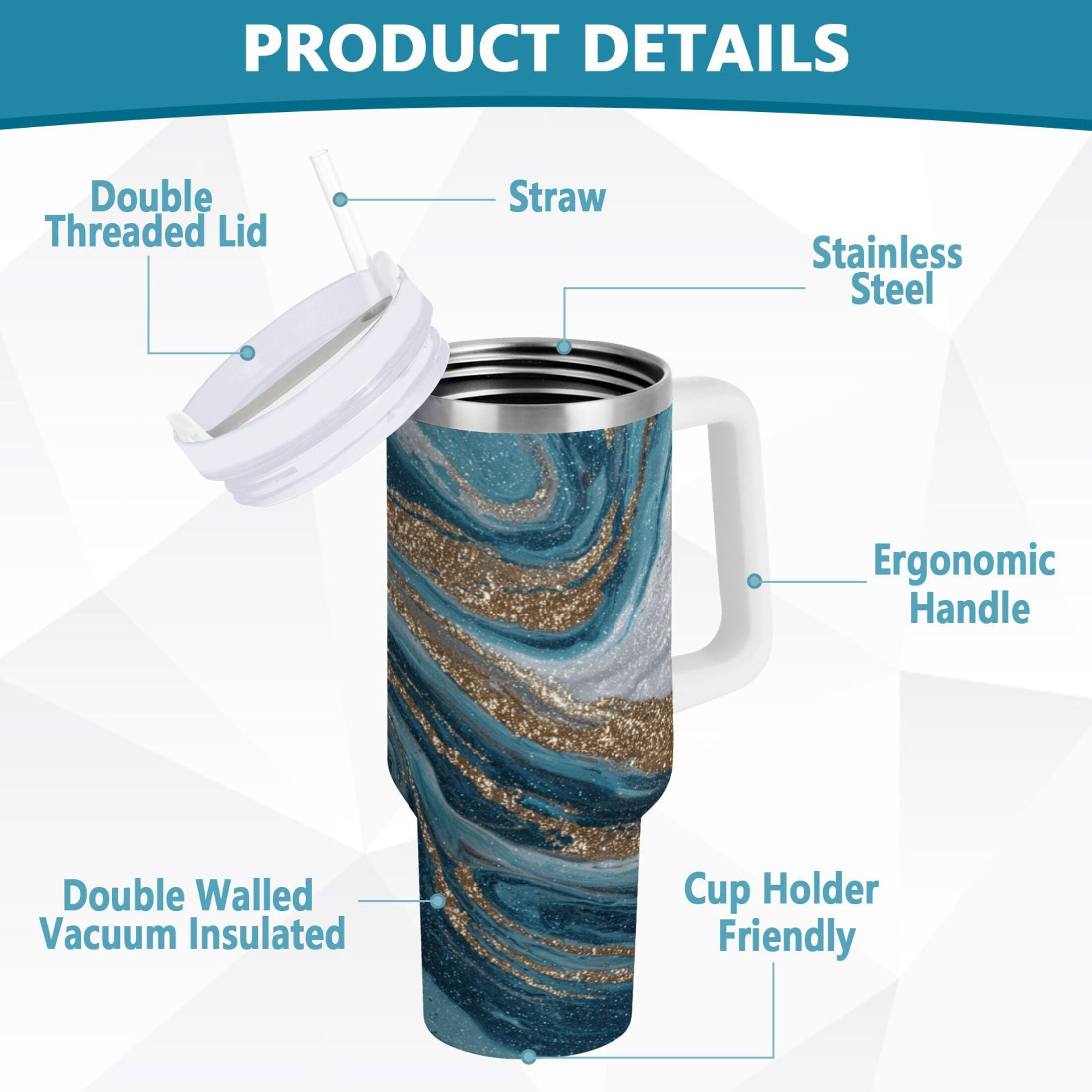 30 oz Insulated Stainless Steel Tumbler Double Wall Stainless Steel Tumbler with 2-Way Drinking Blue and Gold Swirling M497N