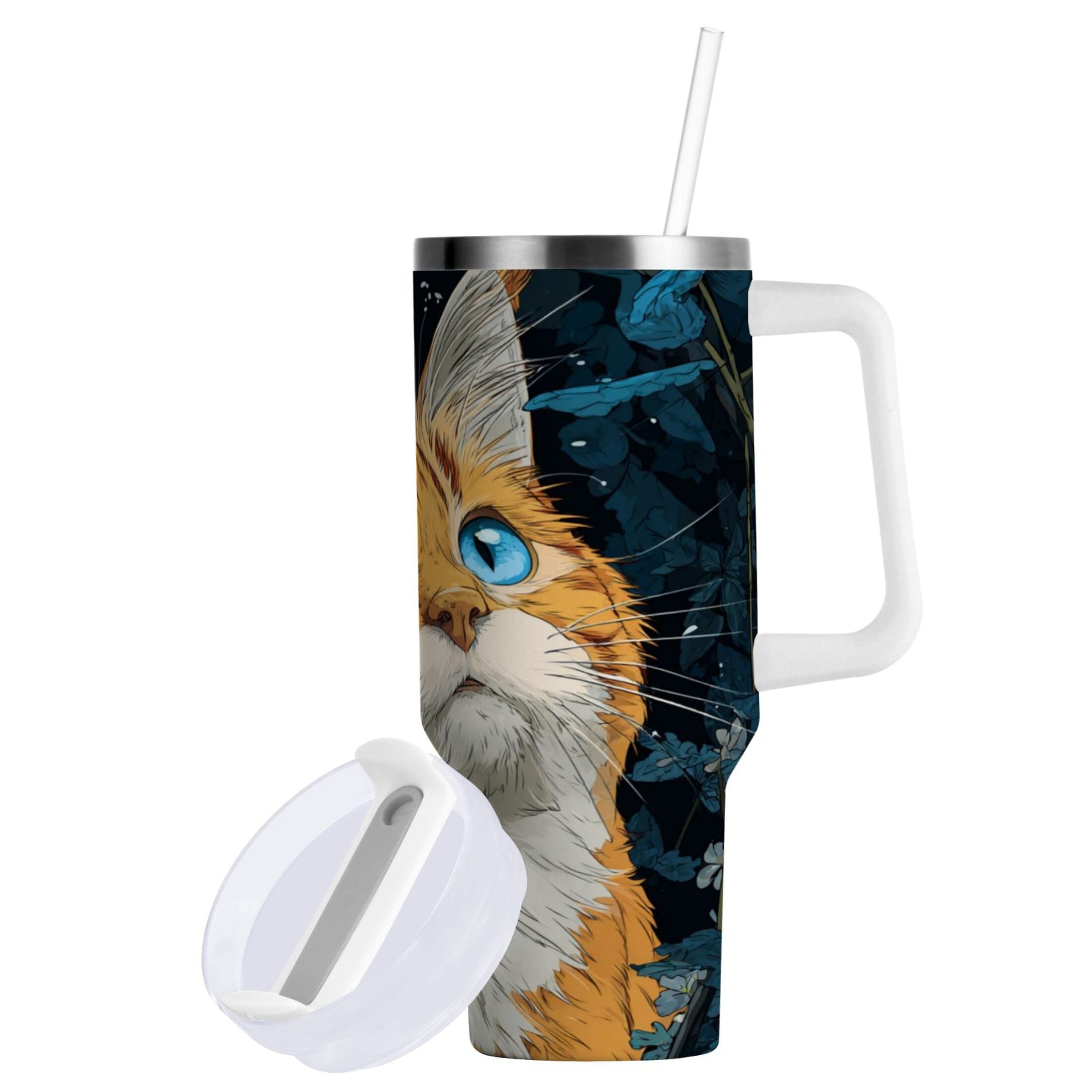 30 oz Insulated Stainless Steel Tumbler Double Wall Stainless Steel Tumbler with 2-Way Drinking Orange Cat with Blue Eyes M585E