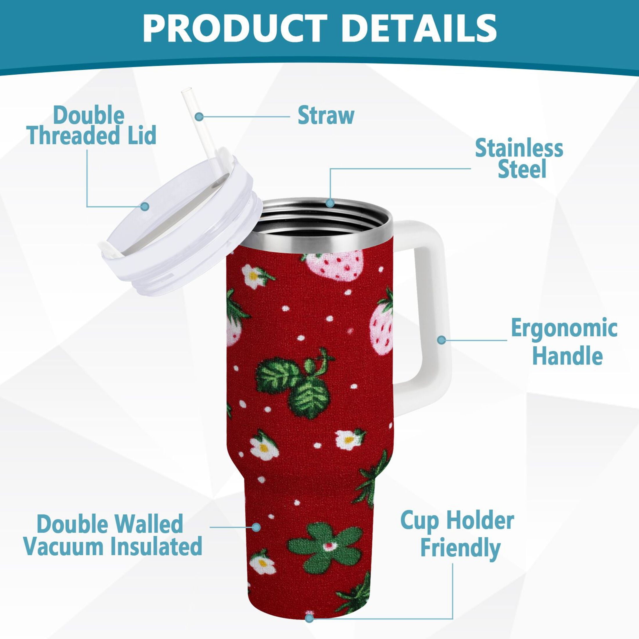 30 oz Insulated Stainless Steel Tumbler Double Wall Stainless Steel Tumbler with 2-Way Drinking Cute Pink Strawberry Pattern M630S