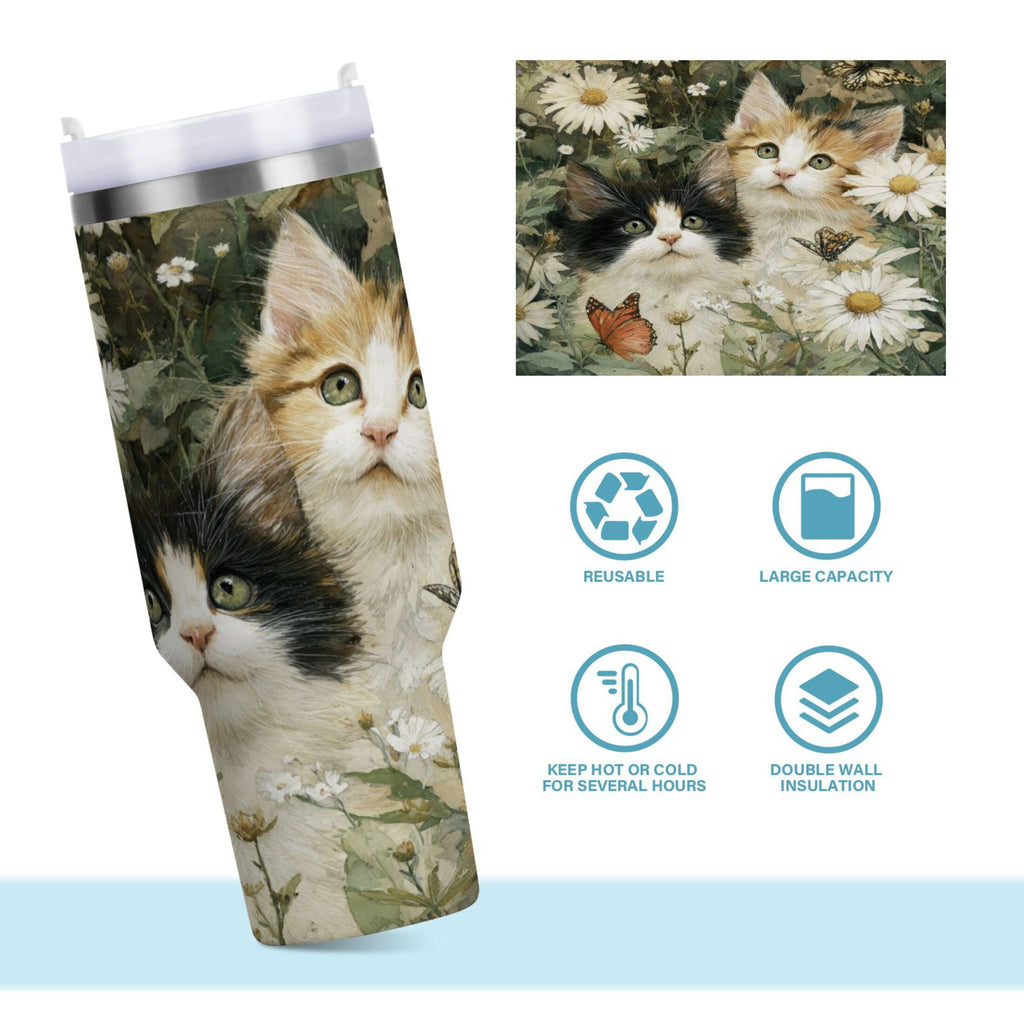 30 oz Insulated Stainless Steel Tumbler Double Wall Stainless Steel Tumbler with 2-Way Drinking Adorable Cats and Daisies M602F
