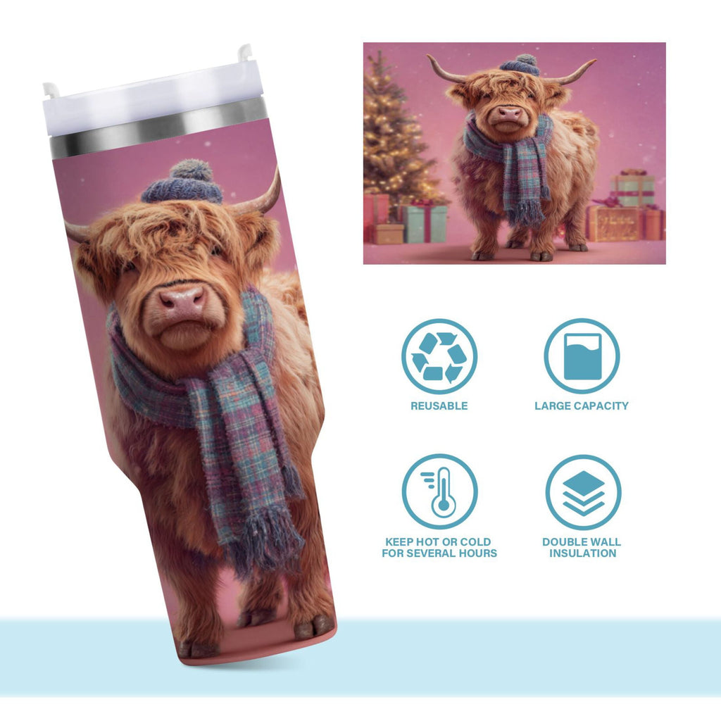 30 oz Insulated Stainless Steel Tumbler Double Wall Stainless Steel Tumbler with 2-Way Drinking Cow Wearing Christmas M626M