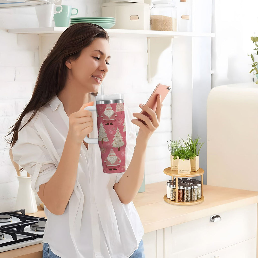 40 oz Insulated Stainless Steel Tumbler Double Wall Stainless Steel Tumbler with 2-Way Drinking Pink Santa Claus Pattern M527S