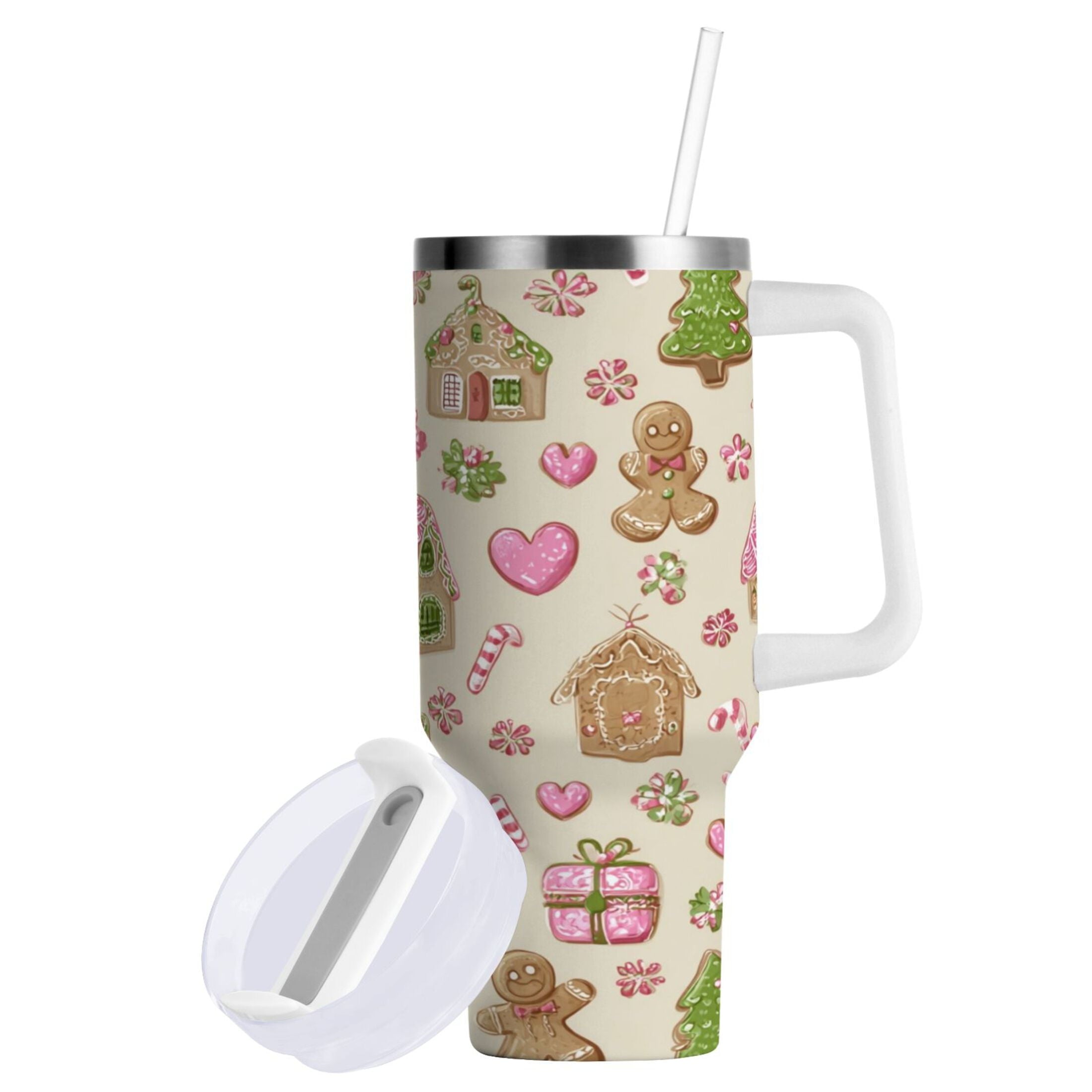 40 oz Insulated Stainless Steel Tumbler Double Wall Stainless Steel Tumbler with 2-Way Drinking Pink Cute Christmas Pattern M564A