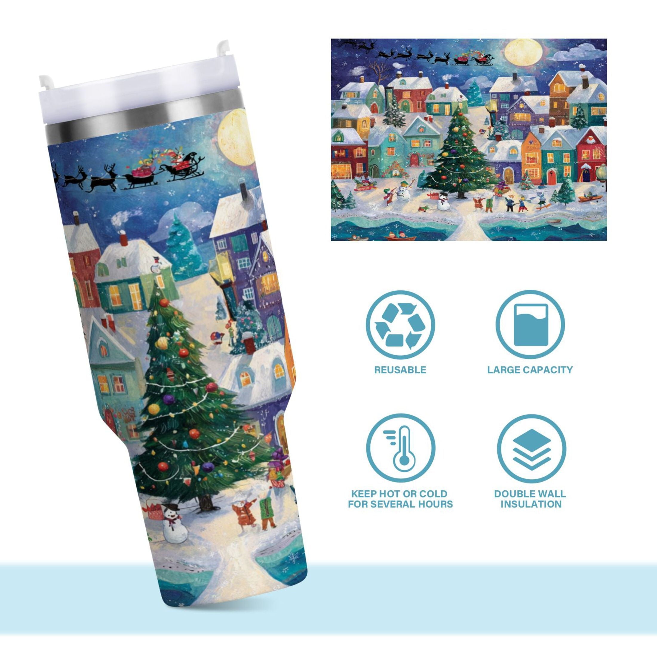 30 oz Insulated Stainless Steel Tumbler Double Wall Stainless Steel Tumbler with 2-Way Drinking Charming Christmas Scene M546J
