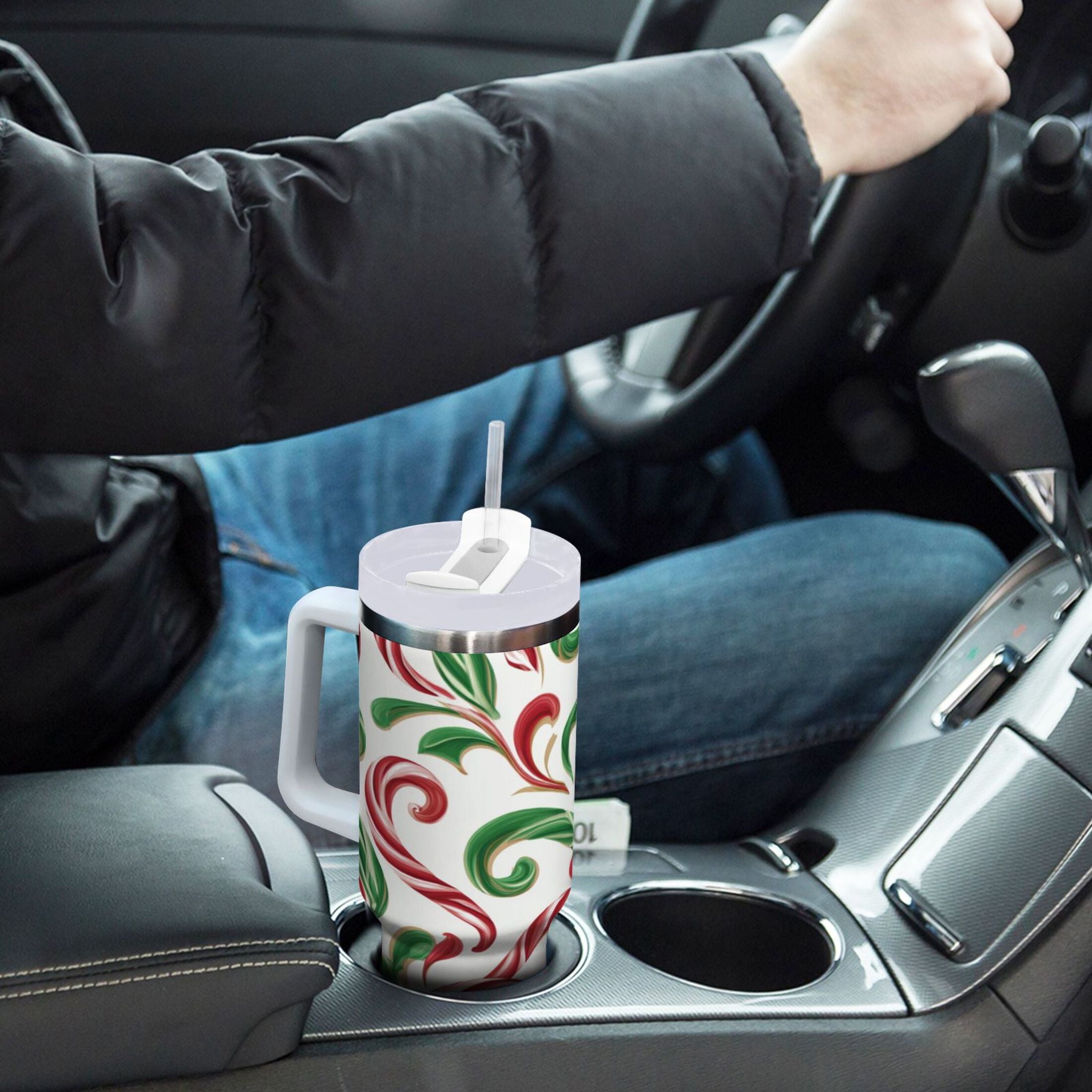 40 oz Insulated Stainless Steel Tumbler Double Wall Stainless Steel Tumbler with 2-Way Drinking Red and Green Candy-cane M573N