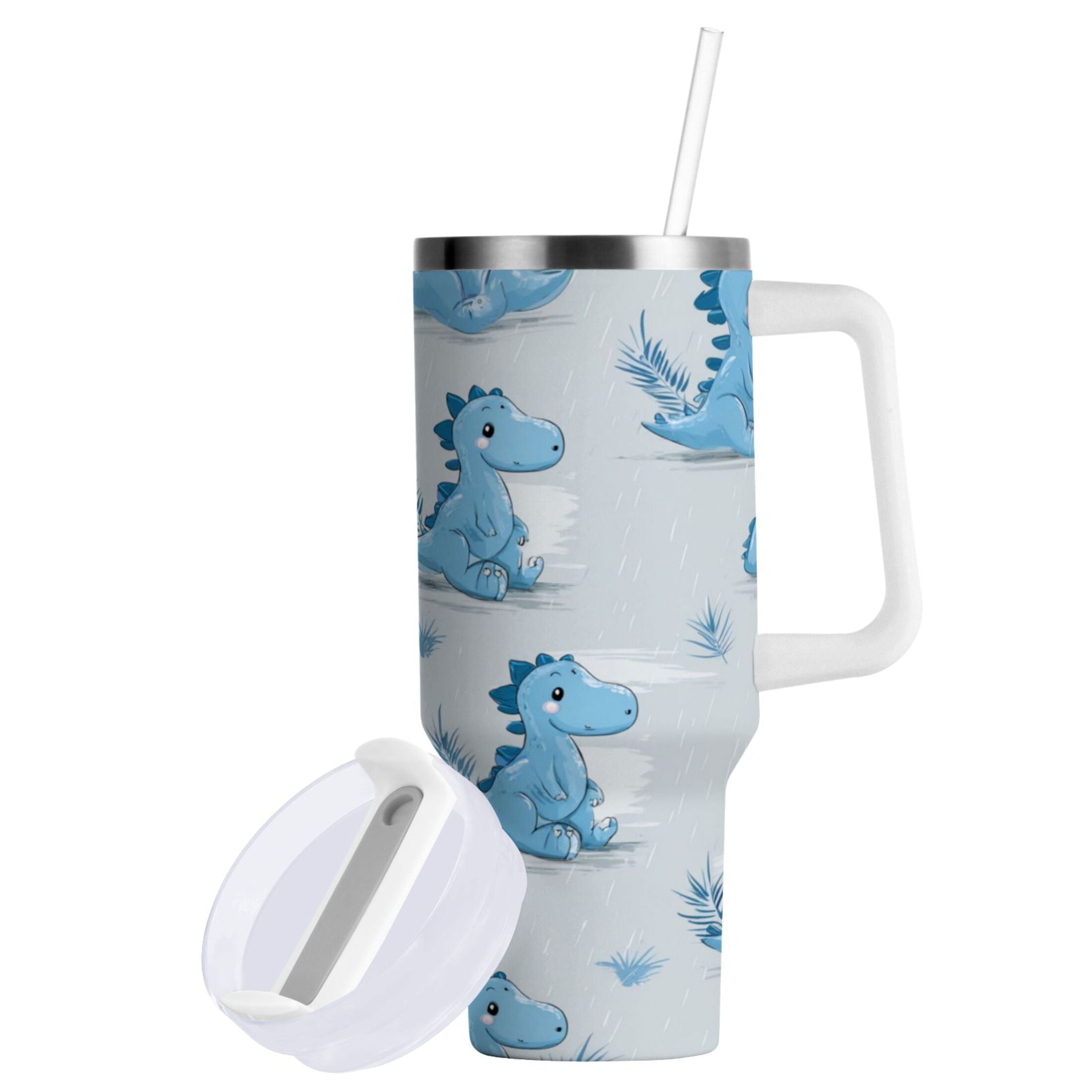 30 oz Insulated Stainless Steel Tumbler Double Wall Stainless Steel Tumbler with 2-Way Drinking Cartoon Blue Dinosaurs M495M