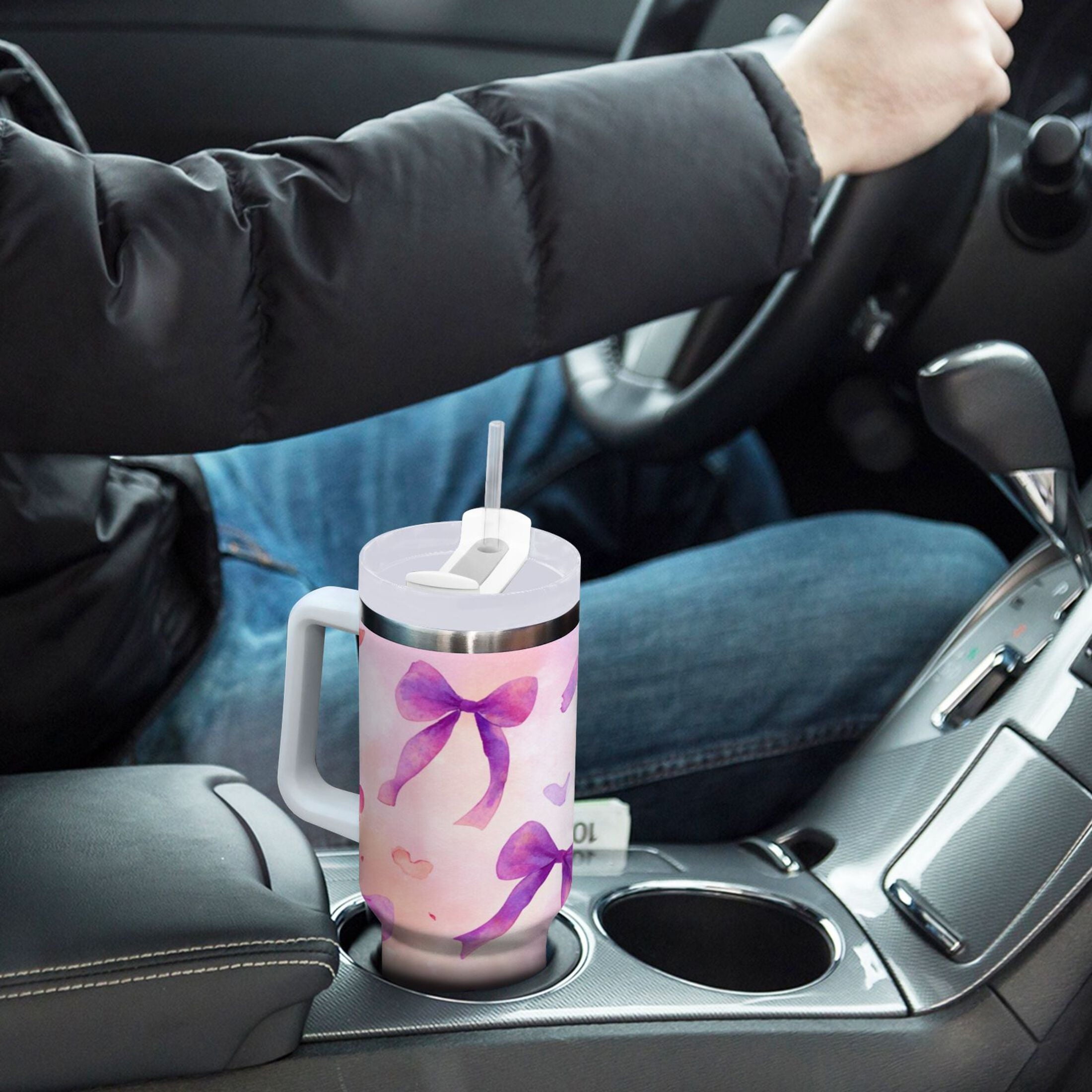 30 oz Insulated Stainless Steel Tumbler Double Wall Stainless Steel Tumbler with 2-Way Drinking Watercolor Purple Bows M591S