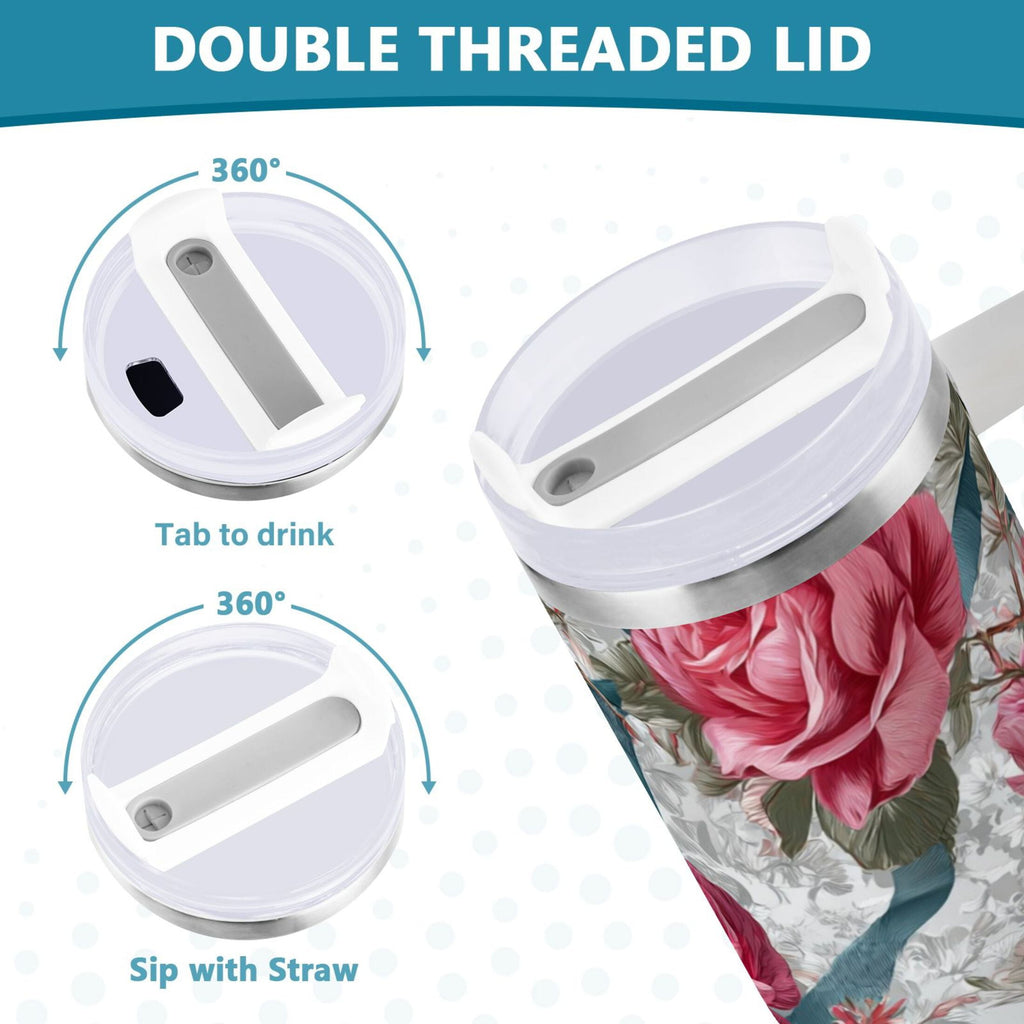 30 oz Insulated Stainless Steel Tumbler Double Wall Stainless Steel Tumbler with 2-Way Drinking Roses and Ribbons M675E