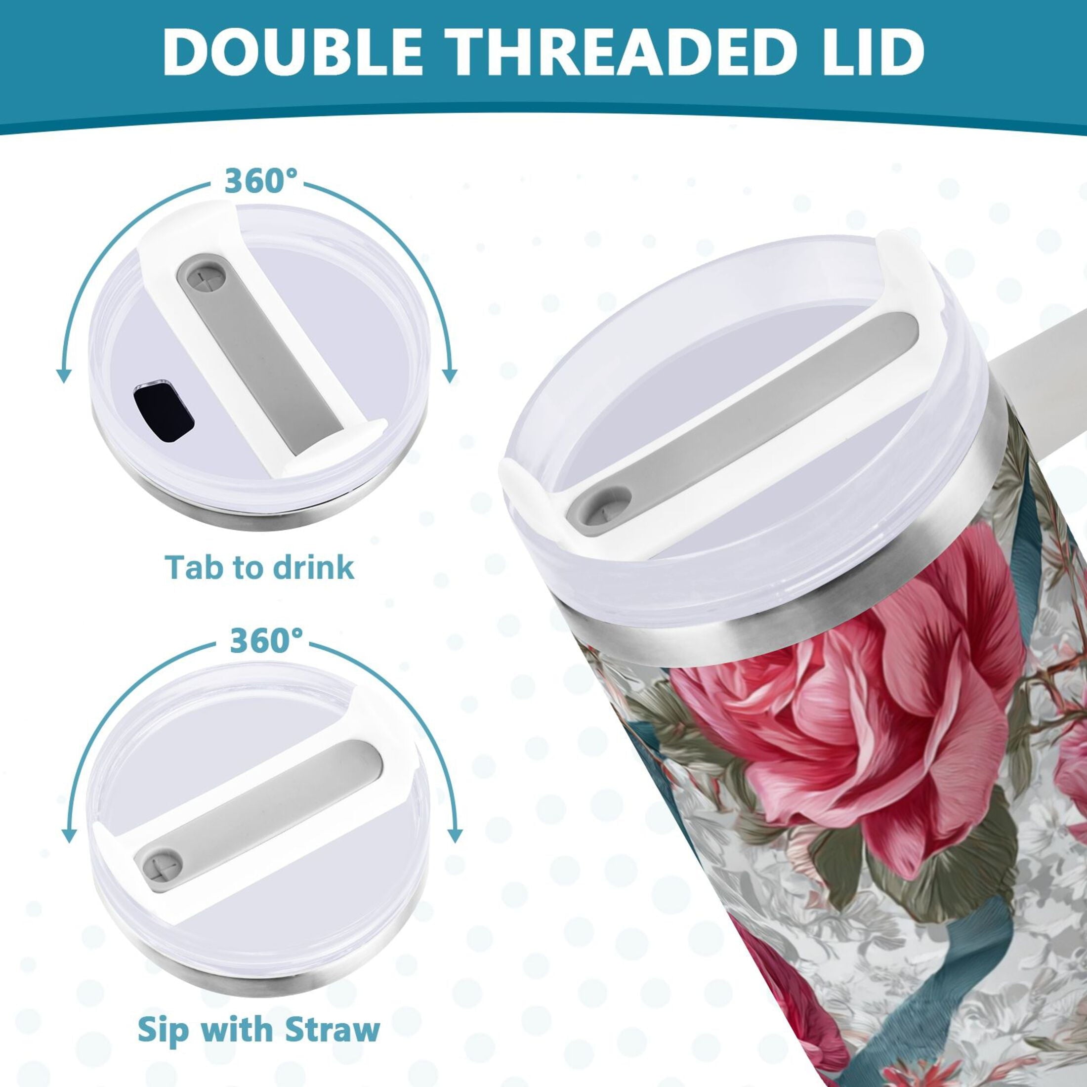 30 oz Insulated Stainless Steel Tumbler Double Wall Stainless Steel Tumbler with 2-Way Drinking Roses and Ribbons M675E