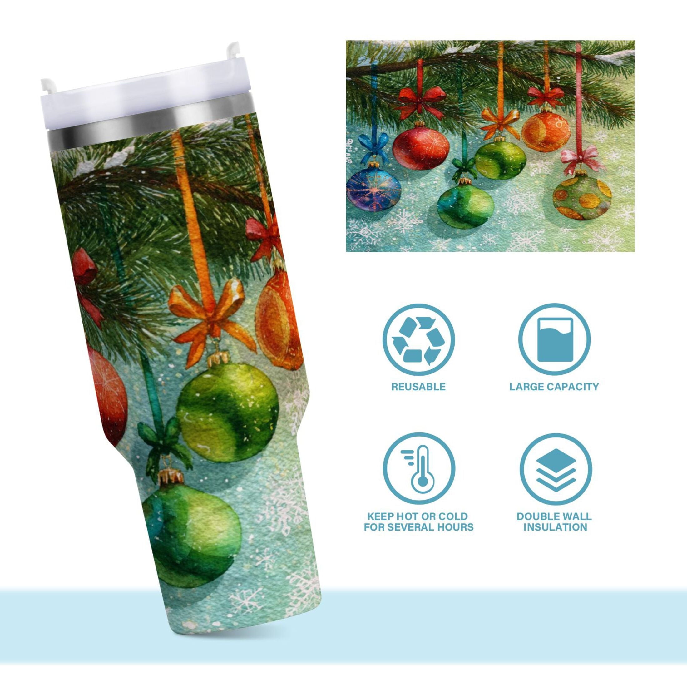 30 oz Insulated Stainless Steel Tumbler Double Wall Stainless Steel Tumbler with 2-Way Drinking Christmas Ornaments Watercolor Painting M639D