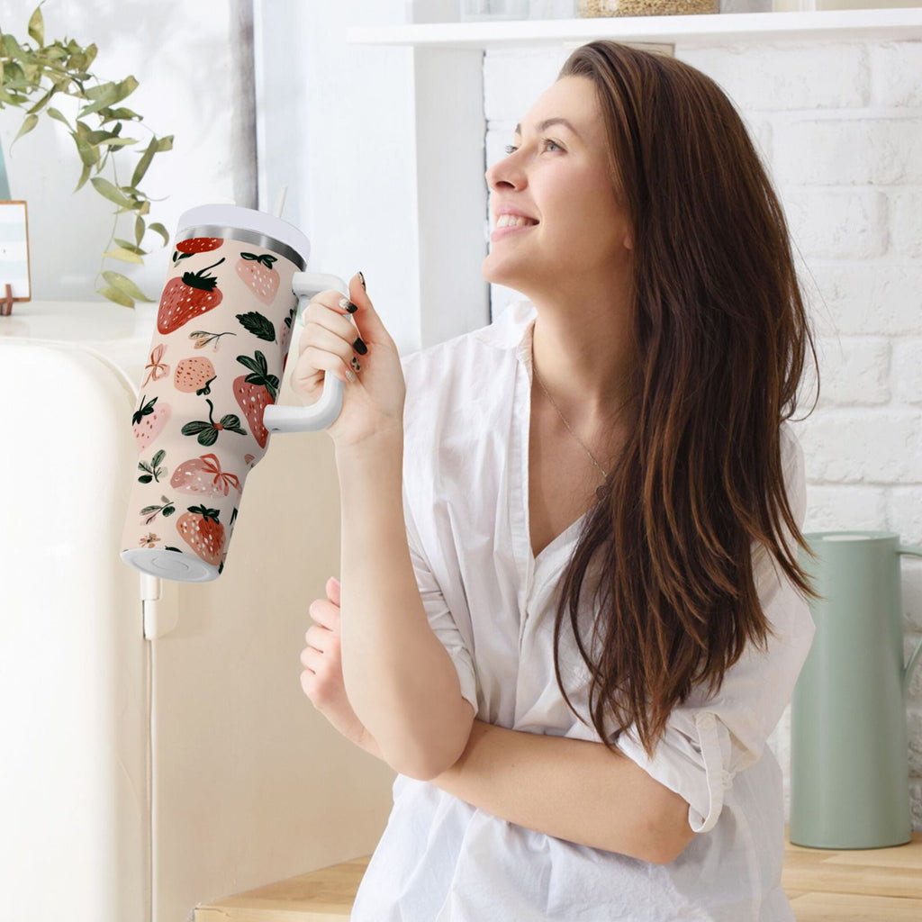 30 oz Insulated Stainless Steel Tumbler Double Wall Stainless Steel Tumbler with 2-Way Drinking Cute Pinks Strawberries M596G