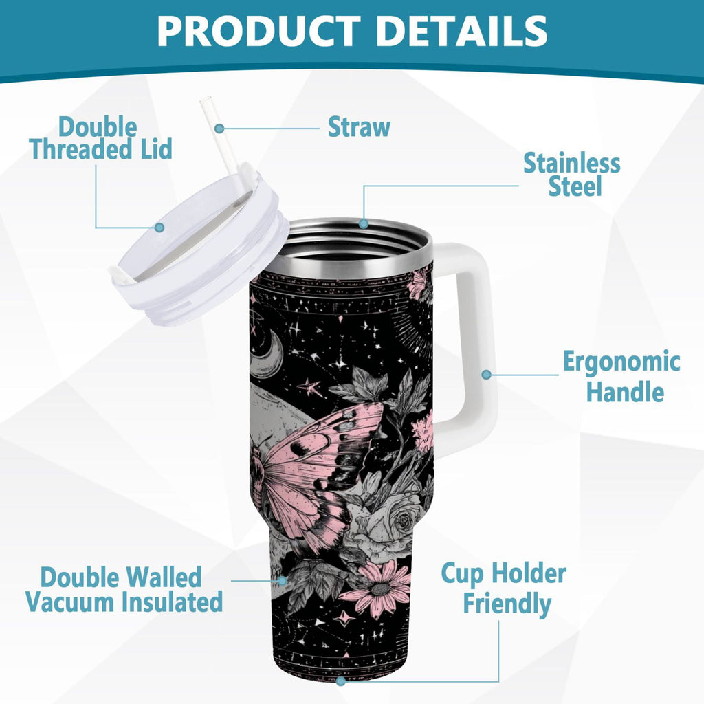 30 oz Insulated Stainless Steel Tumbler Double Wall Stainless Steel Tumbler with 2-Way Drinking Butterfly by Moon and Flowers M542E