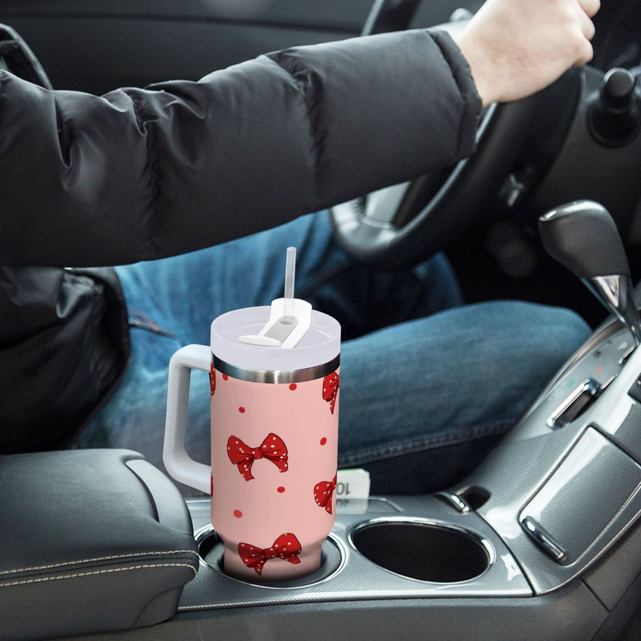 40 oz Insulated Stainless Steel Tumbler Double Wall Stainless Steel Tumbler with 2-Way Drinking Red Bows and Polka Dots M531A
