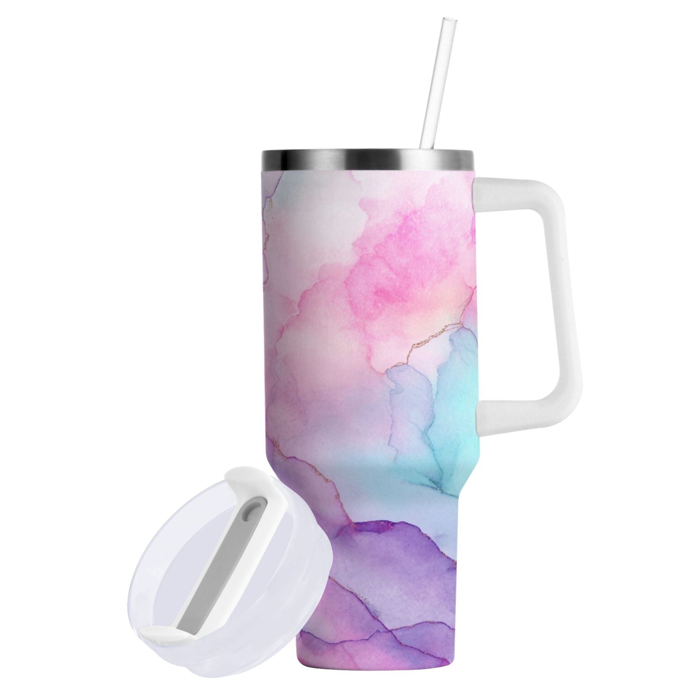 30 oz Insulated Stainless Steel Tumbler Double Wall Stainless Steel Tumbler with 2-Way Drinking Pastel Pink Marble Texture M614N