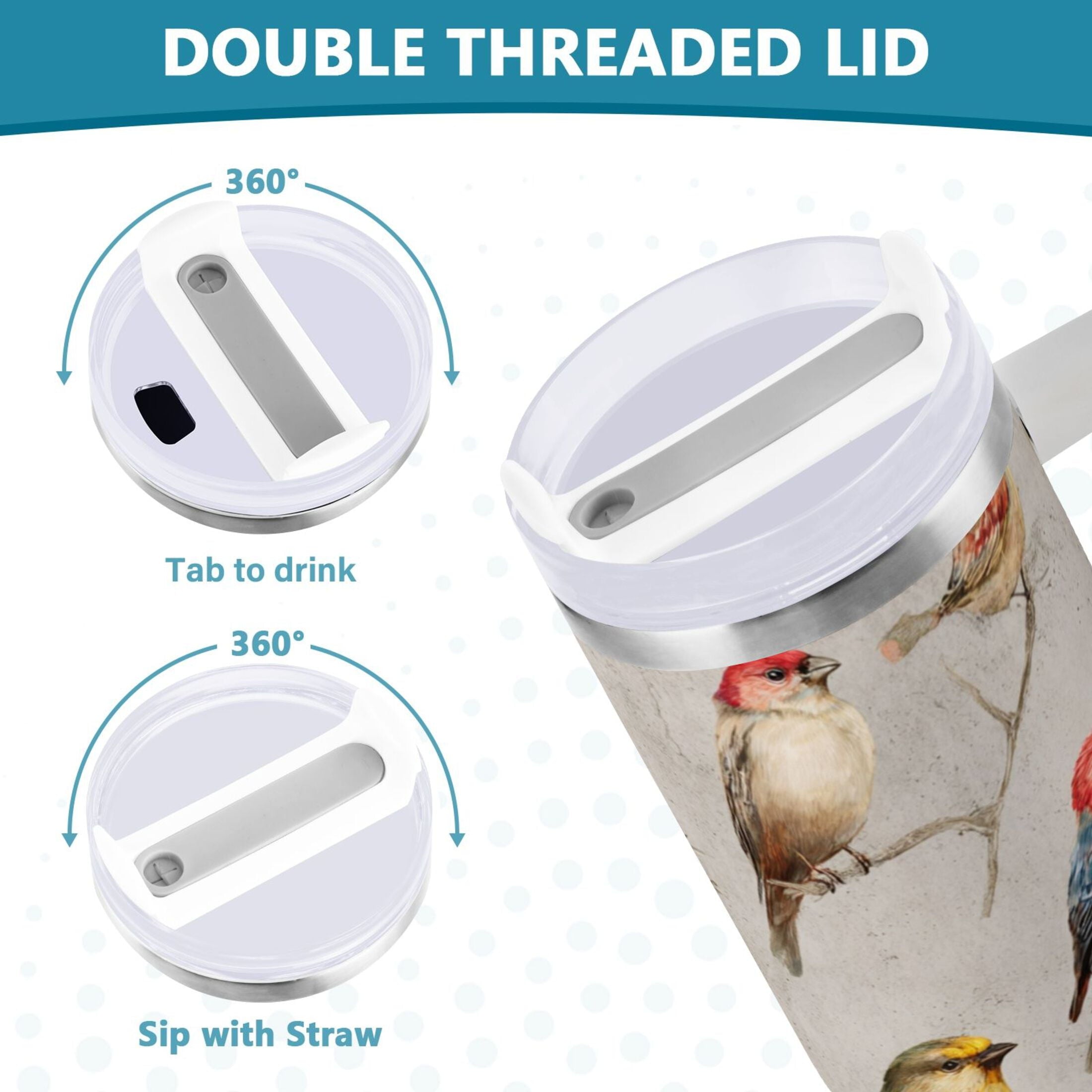 40 oz Insulated Stainless Steel Tumbler Double Wall Stainless Steel Tumbler with 2-Way Drinking Birds Pattern M612F