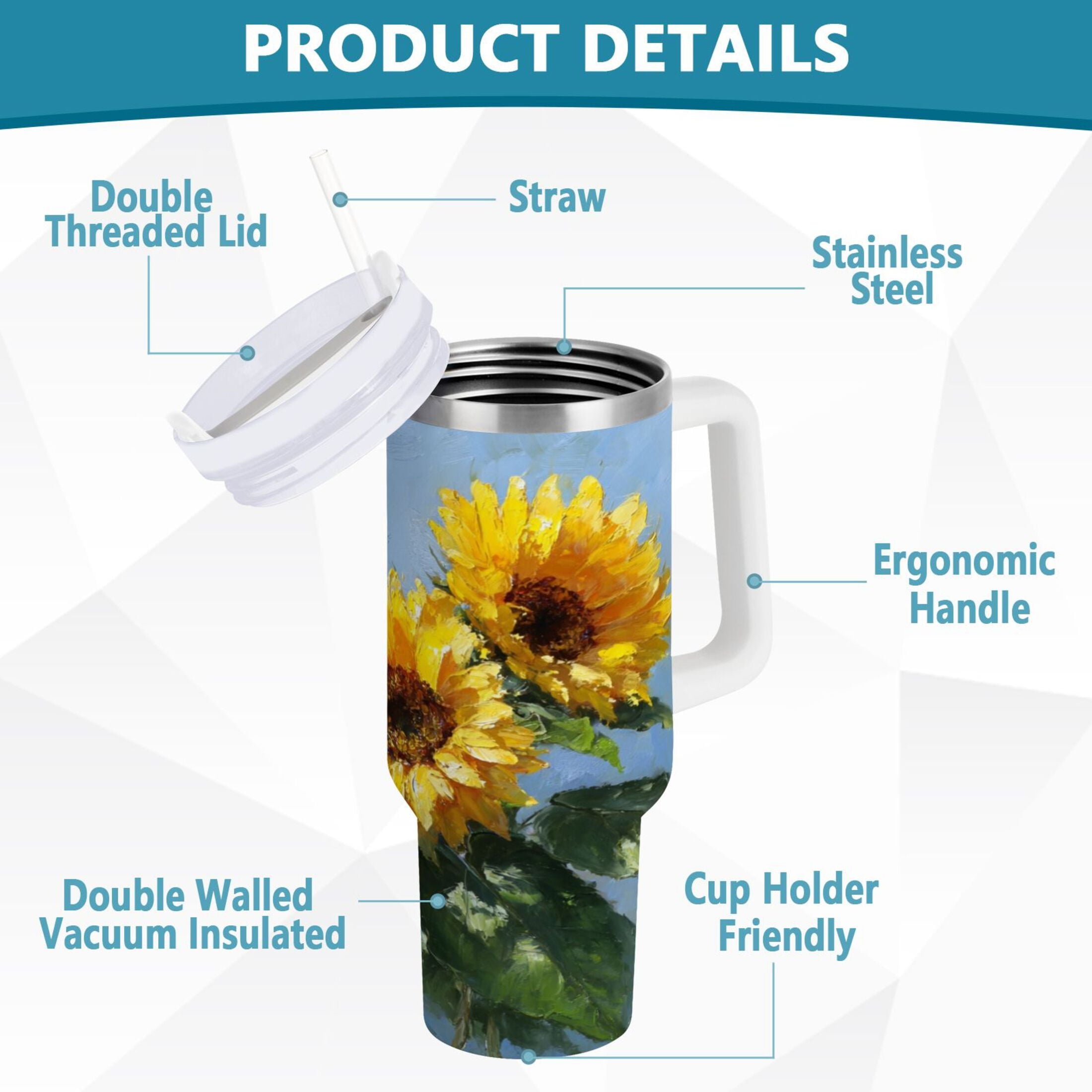 40 oz Insulated Stainless Steel Tumbler Double Wall Stainless Steel Tumbler with 2-Way Drinking Sunflowers Painting M611V