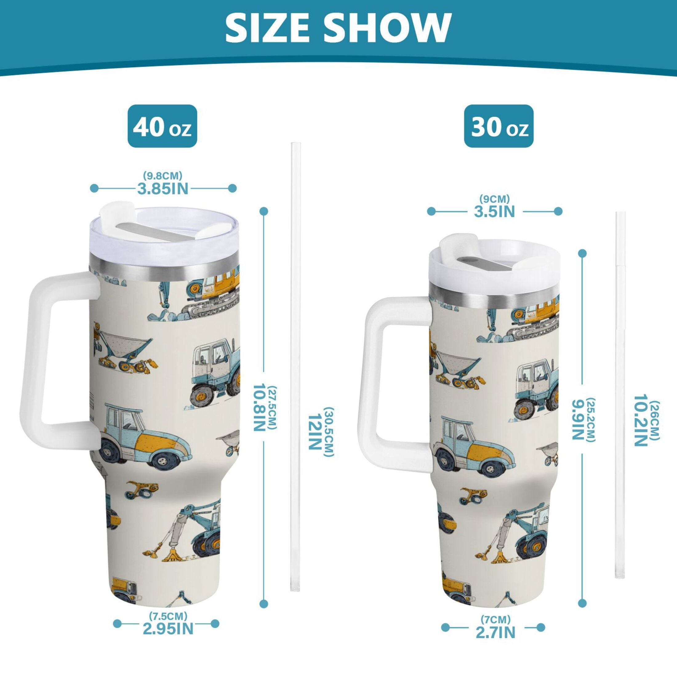 30 oz Insulated Stainless Steel Tumbler Double Wall Stainless Steel Tumbler with 2-Way Drinking Engineering Vehicle Pattern M653J