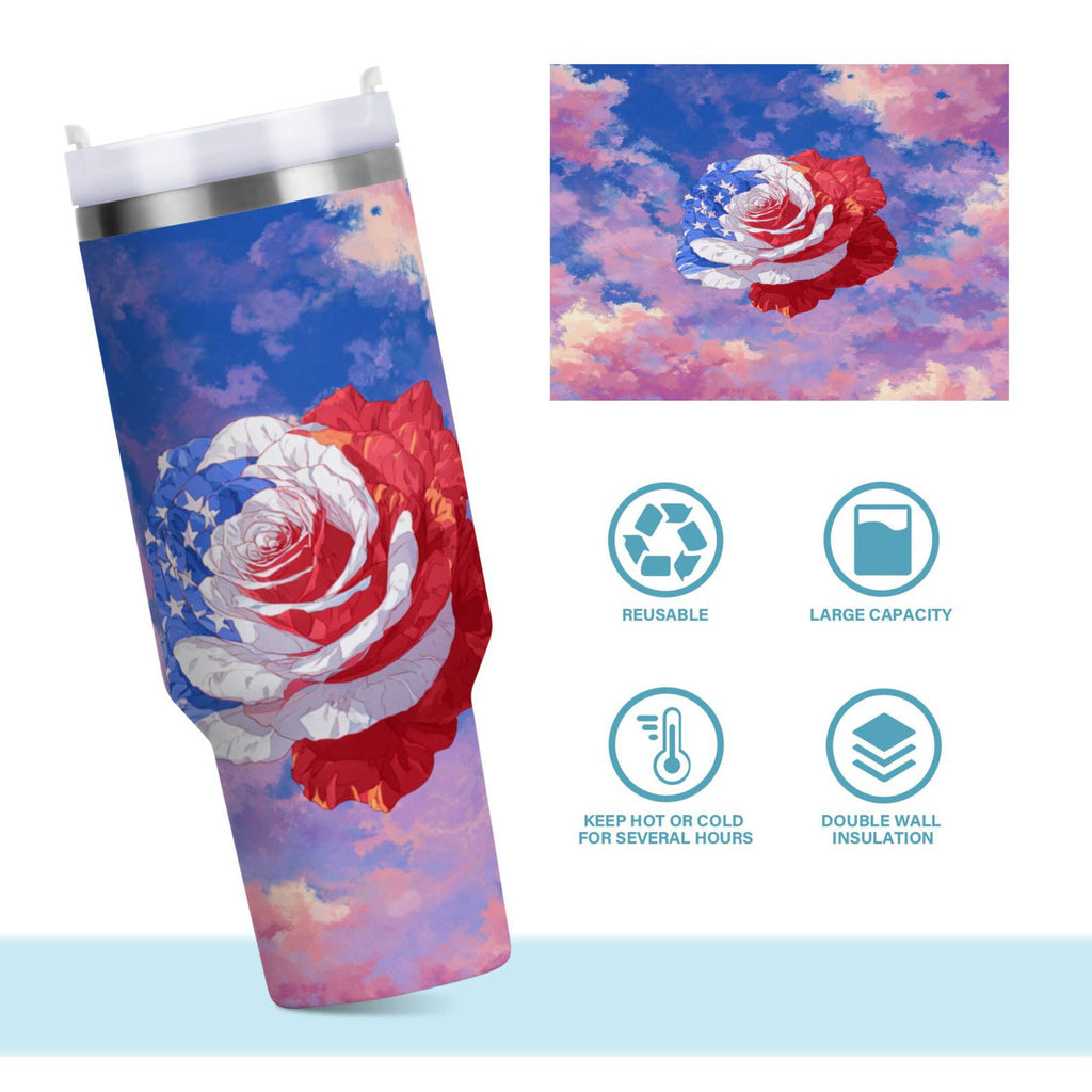 30 oz Insulated Stainless Steel Tumbler Double Wall Stainless Steel Tumbler with 2-Way Drinking Rose with Flag Pattern M547V