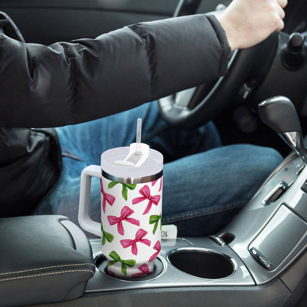 30 oz Insulated Stainless Steel Tumbler Double Wall Stainless Steel Tumbler with 2-Way Drinking Pink Bows and Green Ribbons M649C