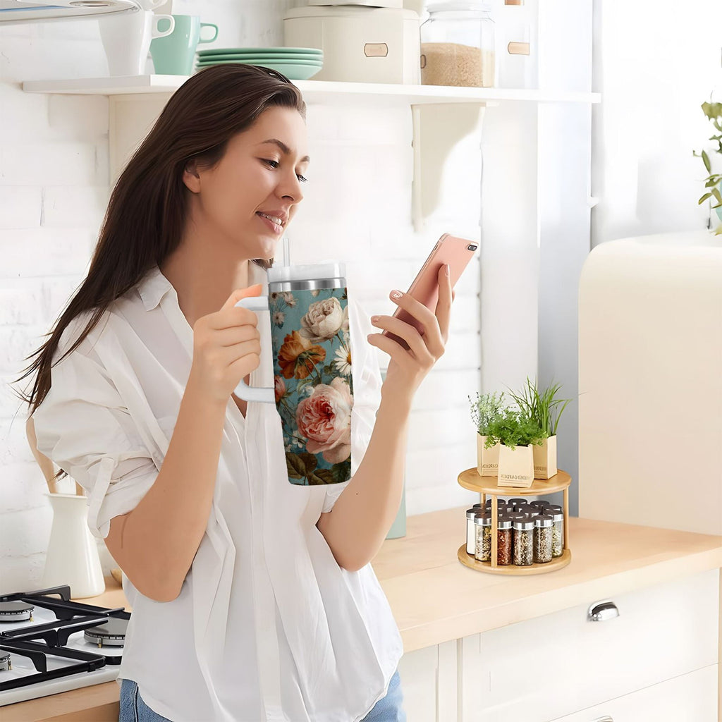 30 oz Insulated Stainless Steel Tumbler Double Wall Stainless Steel Tumbler with 2-Way Drinking Vintage Roses and Peonies M667B
