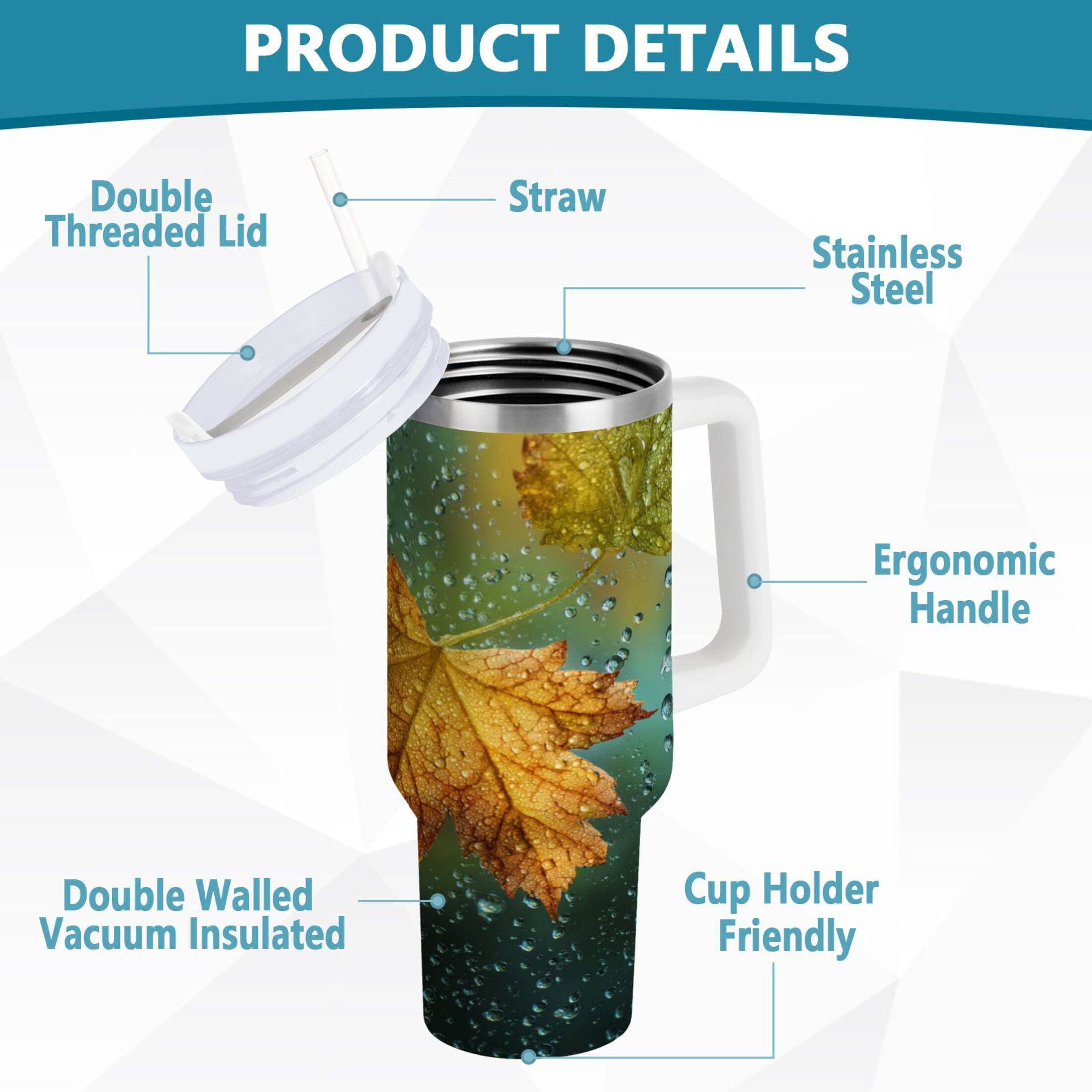 30 oz Insulated Stainless Steel Tumbler Double Wall Stainless Steel Tumbler with 2-Way Drinking Leaves with Water Droplets M500Q