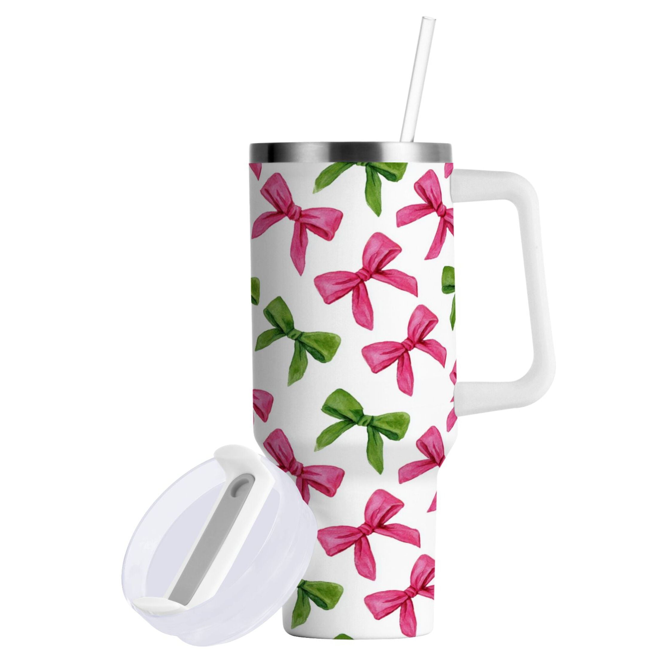 30 oz Insulated Stainless Steel Tumbler Double Wall Stainless Steel Tumbler with 2-Way Drinking Pink Bows and Green Ribbons M649C