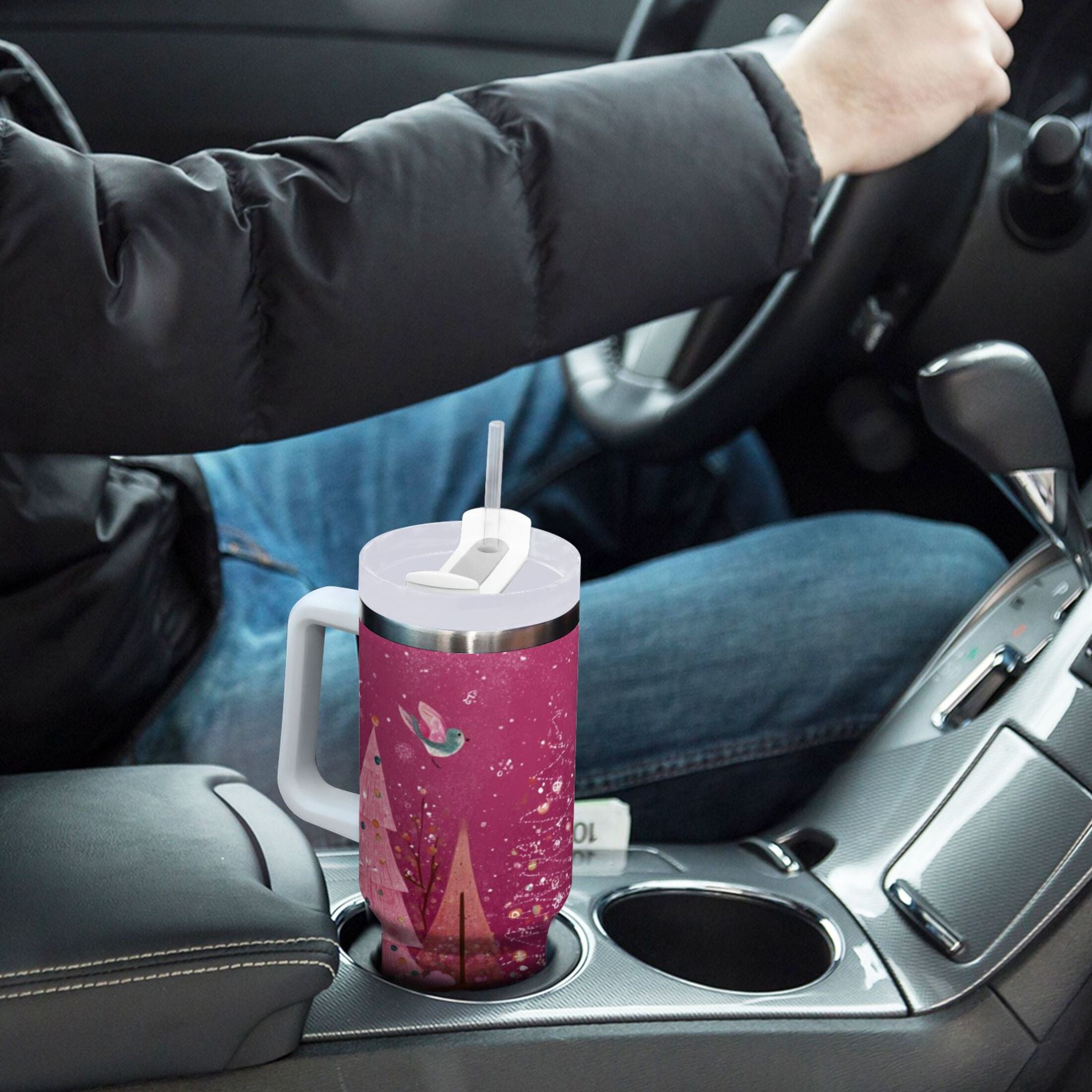40 oz Insulated Stainless Steel Tumbler Double Wall Stainless Steel Tumbler with 2-Way Drinking Pink Christmas Forest M512P