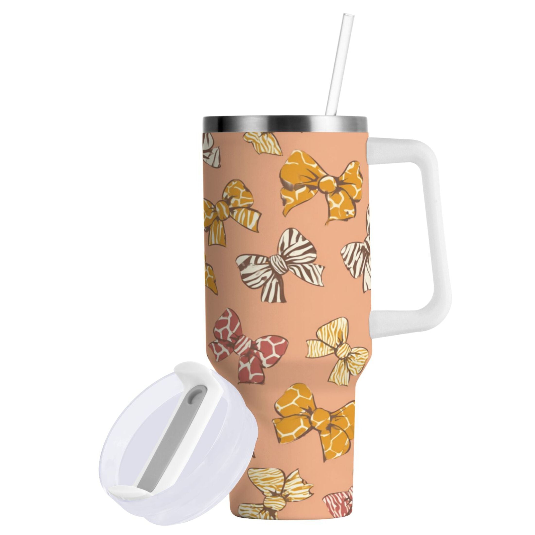 40 oz Insulated Stainless Steel Tumbler Double Wall Stainless Steel Tumbler with 2-Way Drinking Cute Animal Print Bows M678Y