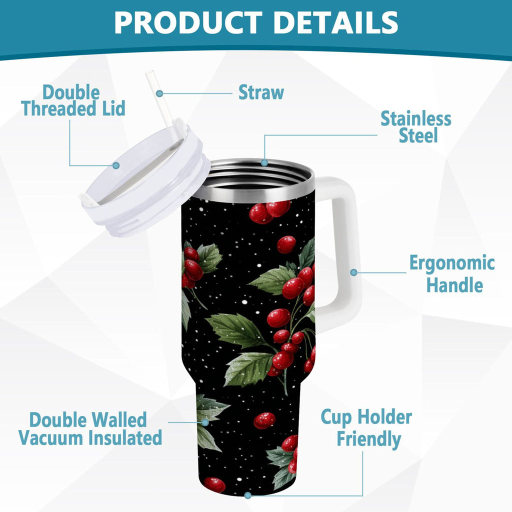 40 oz Insulated Stainless Steel Tumbler Double Wall Stainless Steel Tumbler with 2-Way Drinking Red Holly Berries Pattern M652M
