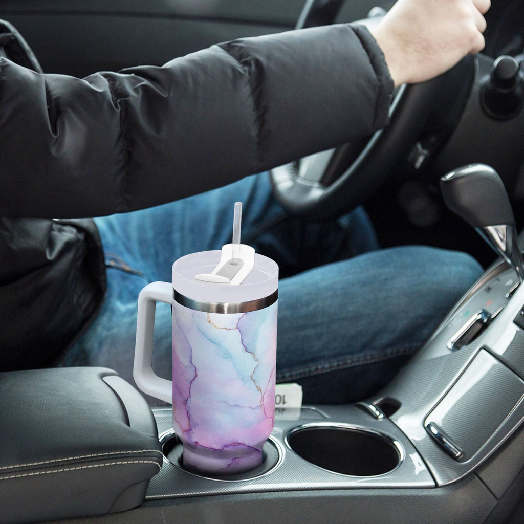 30 oz Insulated Stainless Steel Tumbler Double Wall Stainless Steel Tumbler with 2-Way Drinking Pastel Pink Marble Texture M614N