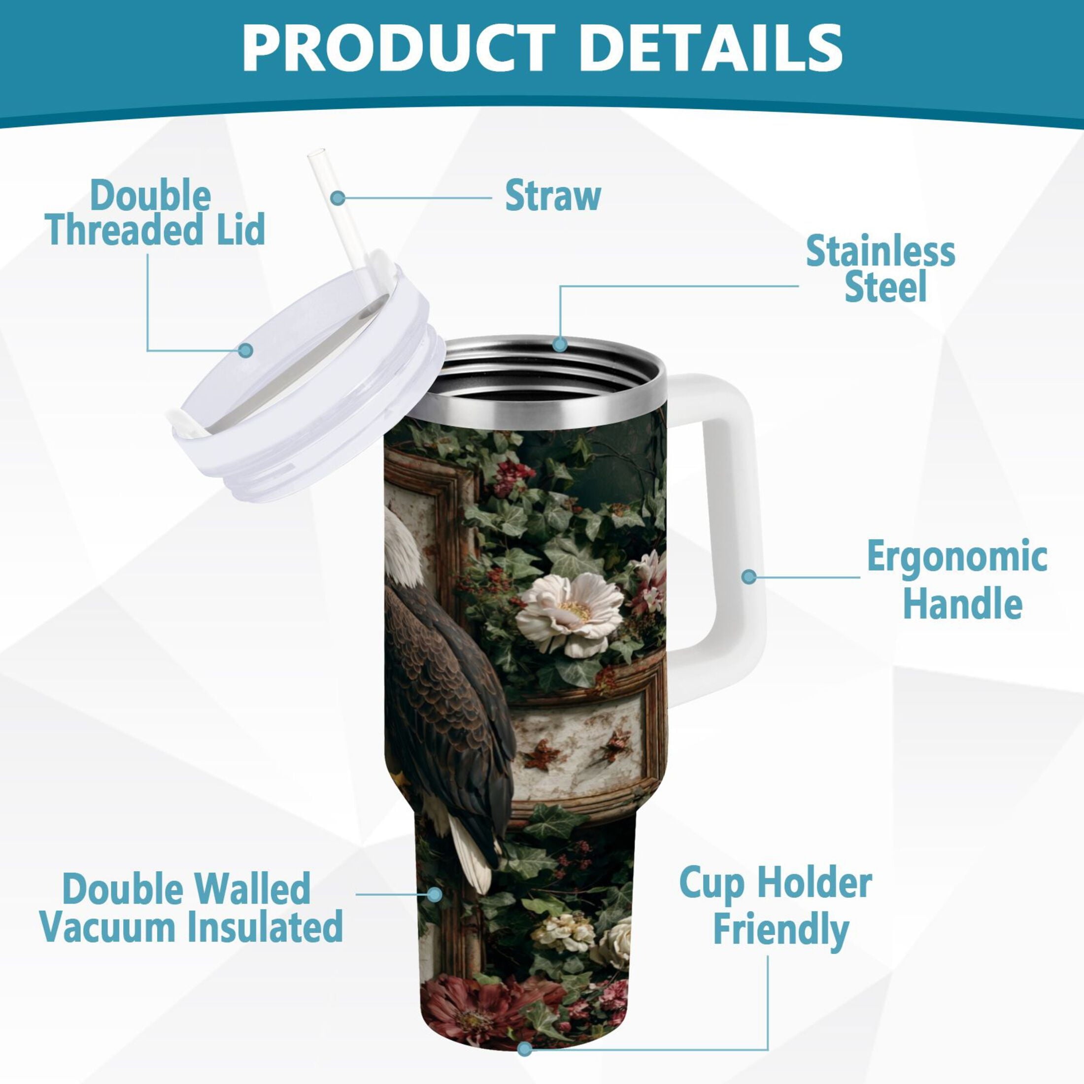 30 oz Insulated Stainless Steel Tumbler Double Wall Stainless Steel Tumbler with 2-Way Drinking Wreath and Bald Eagle M668U