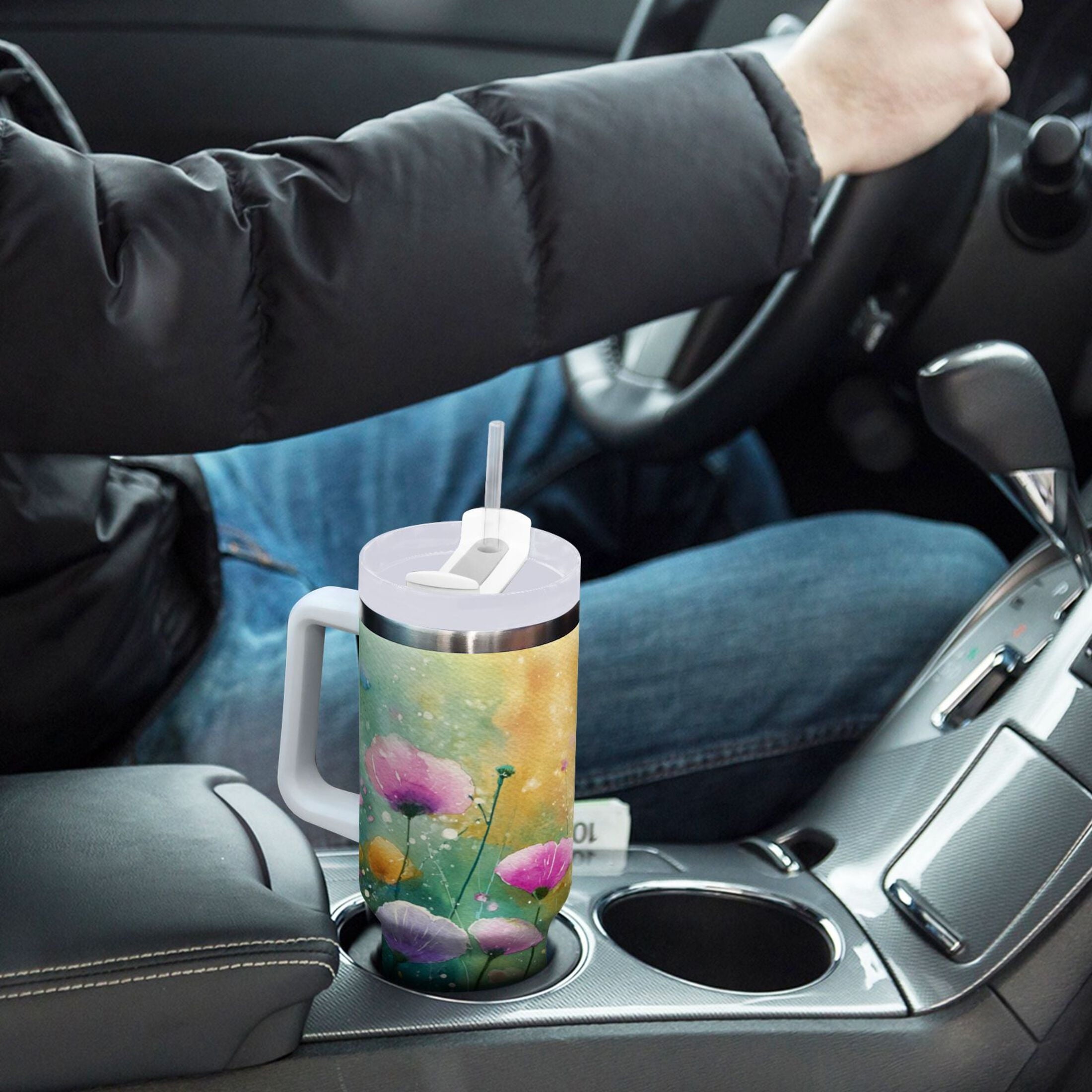 30 oz Insulated Stainless Steel Tumbler Double Wall Stainless Steel Tumbler with 2-Way Drinking Watercolor Wildflowers M563G