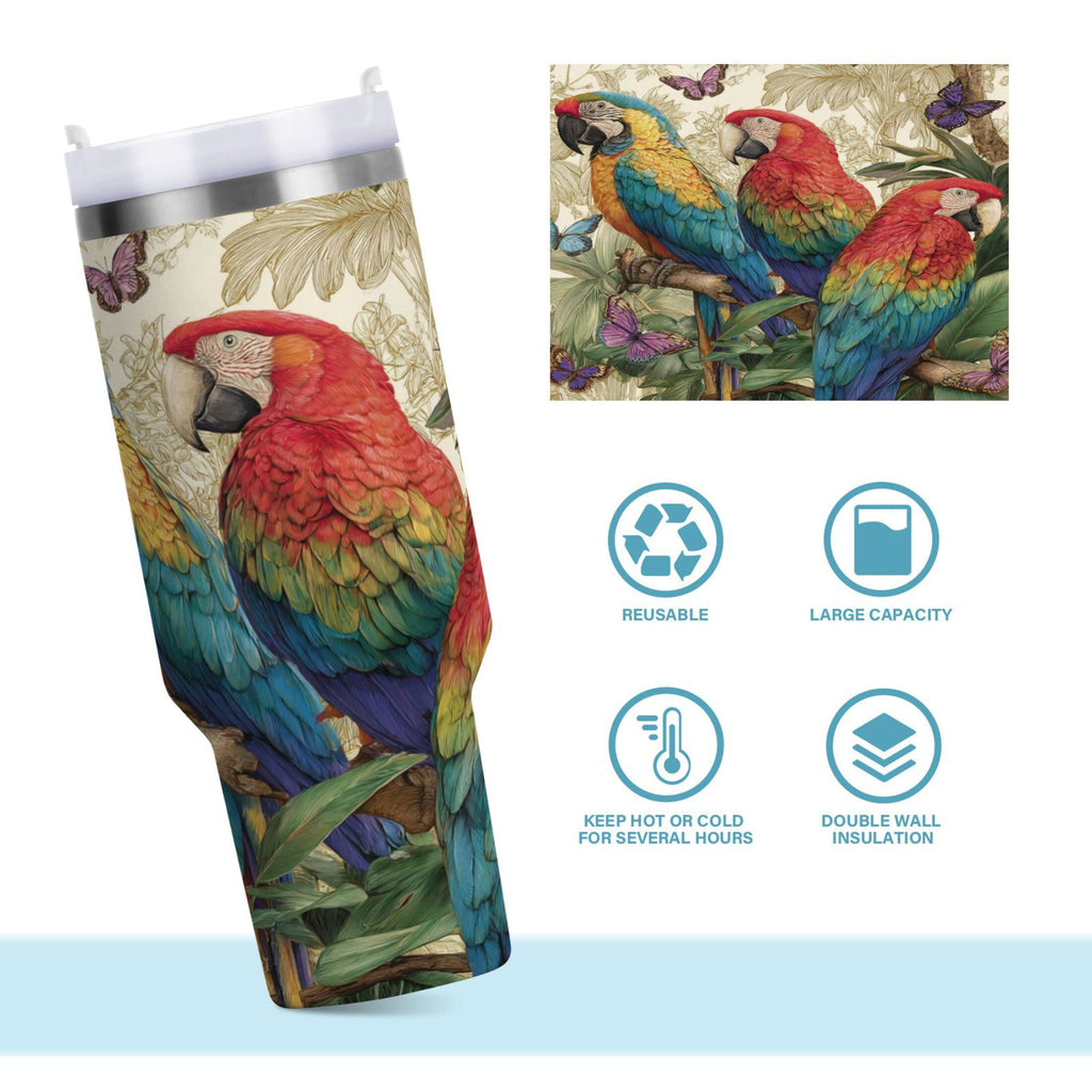 30 oz Insulated Stainless Steel Tumbler Double Wall Stainless Steel Tumbler with 2-Way Drinking Colorful Beautiful Parrots M520C