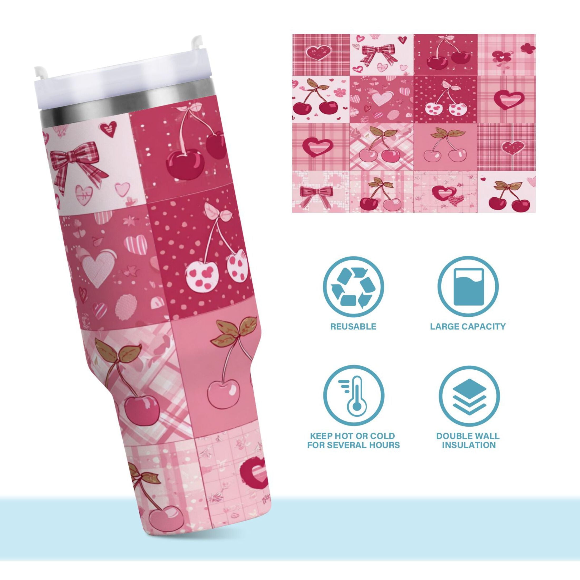 30 oz Insulated Stainless Steel Tumbler Double Wall Stainless Steel Tumbler with 2-Way Drinking Cherry Pattern with Bows M634Q