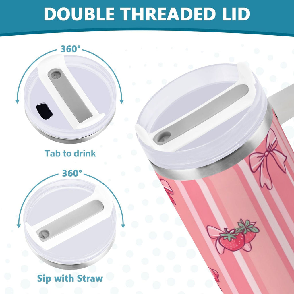 30 oz Insulated Stainless Steel Tumbler Double Wall Stainless Steel Tumbler with 2-Way Drinking Pink Bows and Strawberries M628H