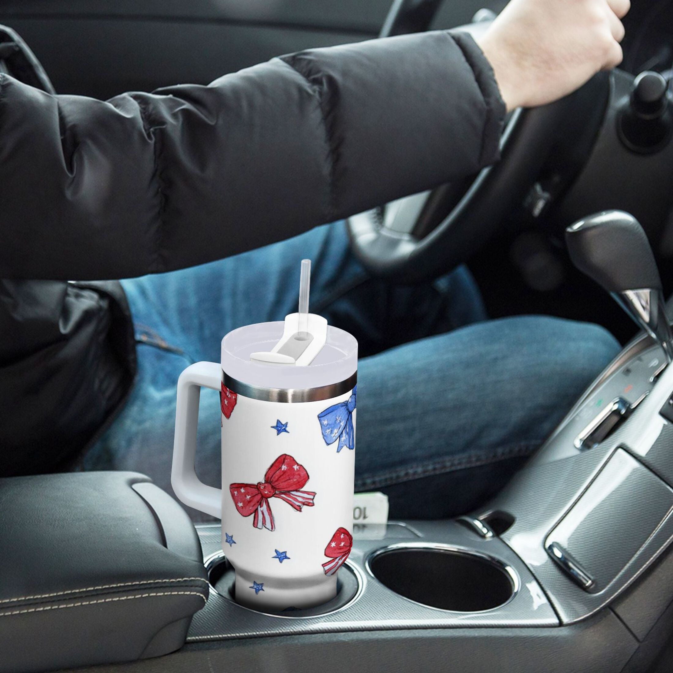 40 oz Insulated Stainless Steel Tumbler Double Wall Stainless Steel Tumbler with 2-Way Drinking Hand-drawn Bows M587S