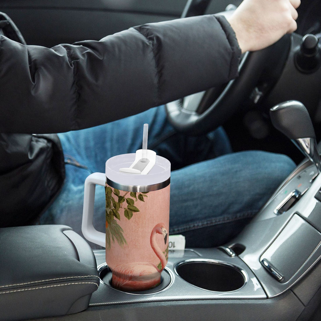 40 oz Insulated Stainless Steel Tumbler Double Wall Stainless Steel Tumbler with 2-Way Drinking Flamingos in Tropical Garden M666D