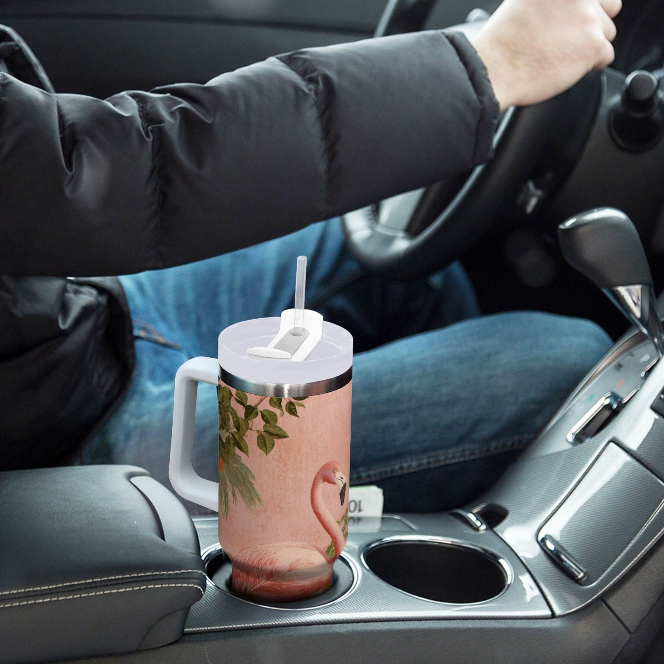 40 oz Insulated Stainless Steel Tumbler Double Wall Stainless Steel Tumbler with 2-Way Drinking Flamingos in Tropical Garden M666D
