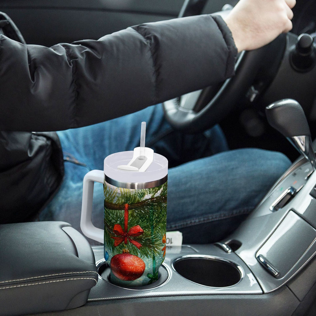 30 oz Insulated Stainless Steel Tumbler Double Wall Stainless Steel Tumbler with 2-Way Drinking Christmas Ornaments Watercolor Painting M639D