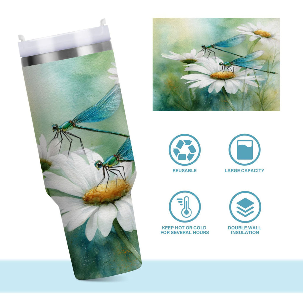 30 oz Insulated Stainless Steel Tumbler Double Wall Stainless Steel Tumbler with 2-Way Drinking Beautiful Dragonflies and Daisies M638L
